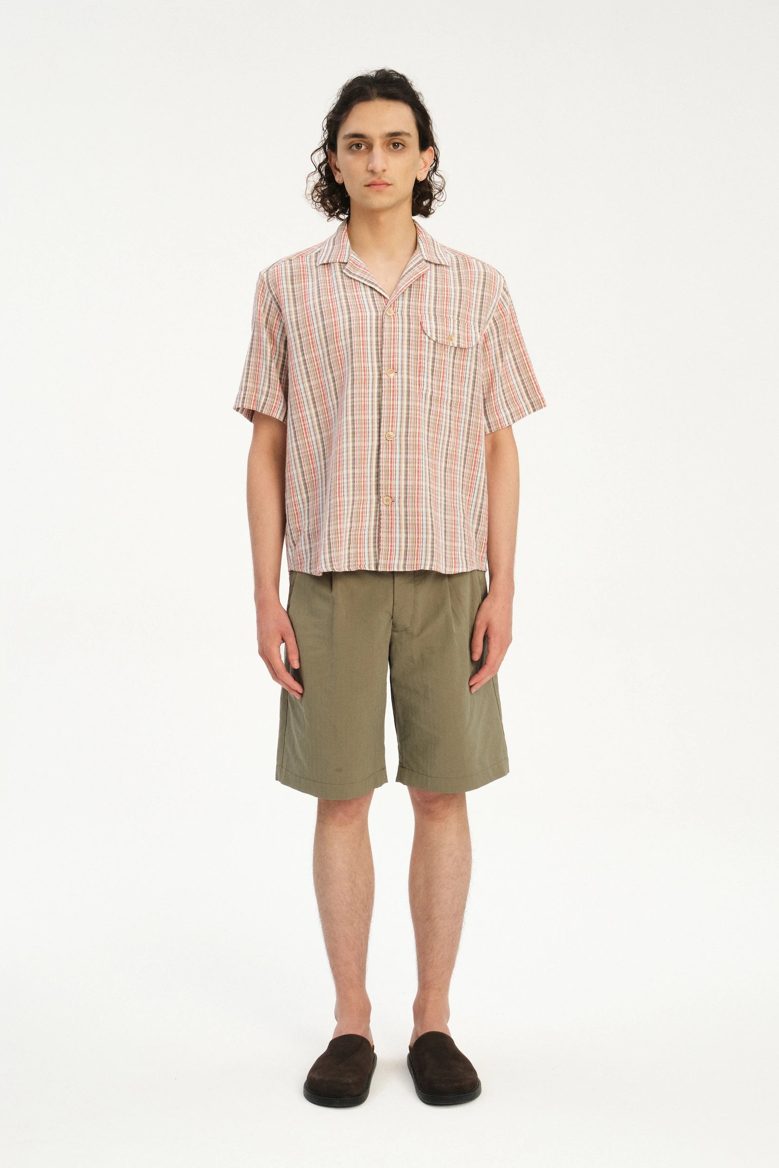 Short Sleeve Camp Collar Shirt  in a Red, Blue, Grey and Beige Airy Portuguese Cotton