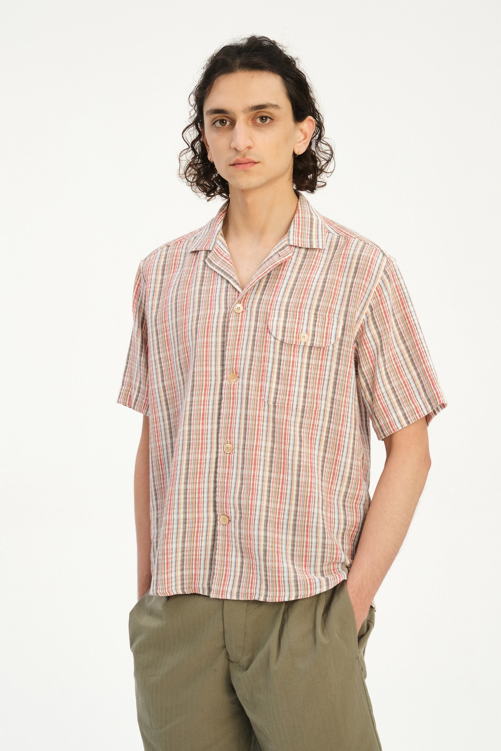 Short Sleeve Camp Collar Shirt  in a Red, Blue, Grey and Beige Airy Portuguese Cotton