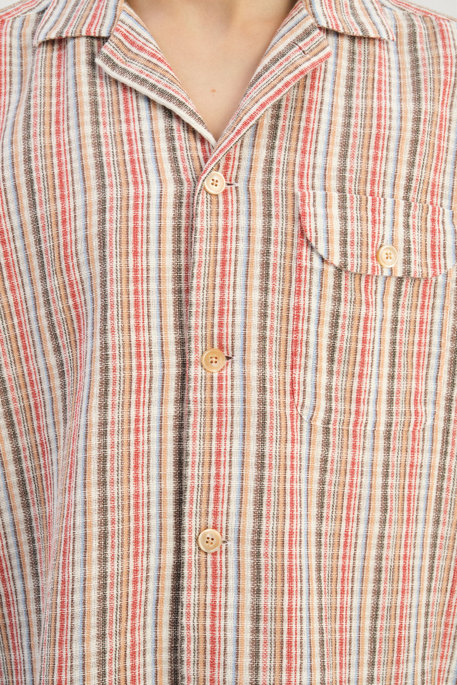 Short Sleeve Camp Collar Shirt  in a Red, Blue, Grey and Beige Airy Portuguese Cotton
