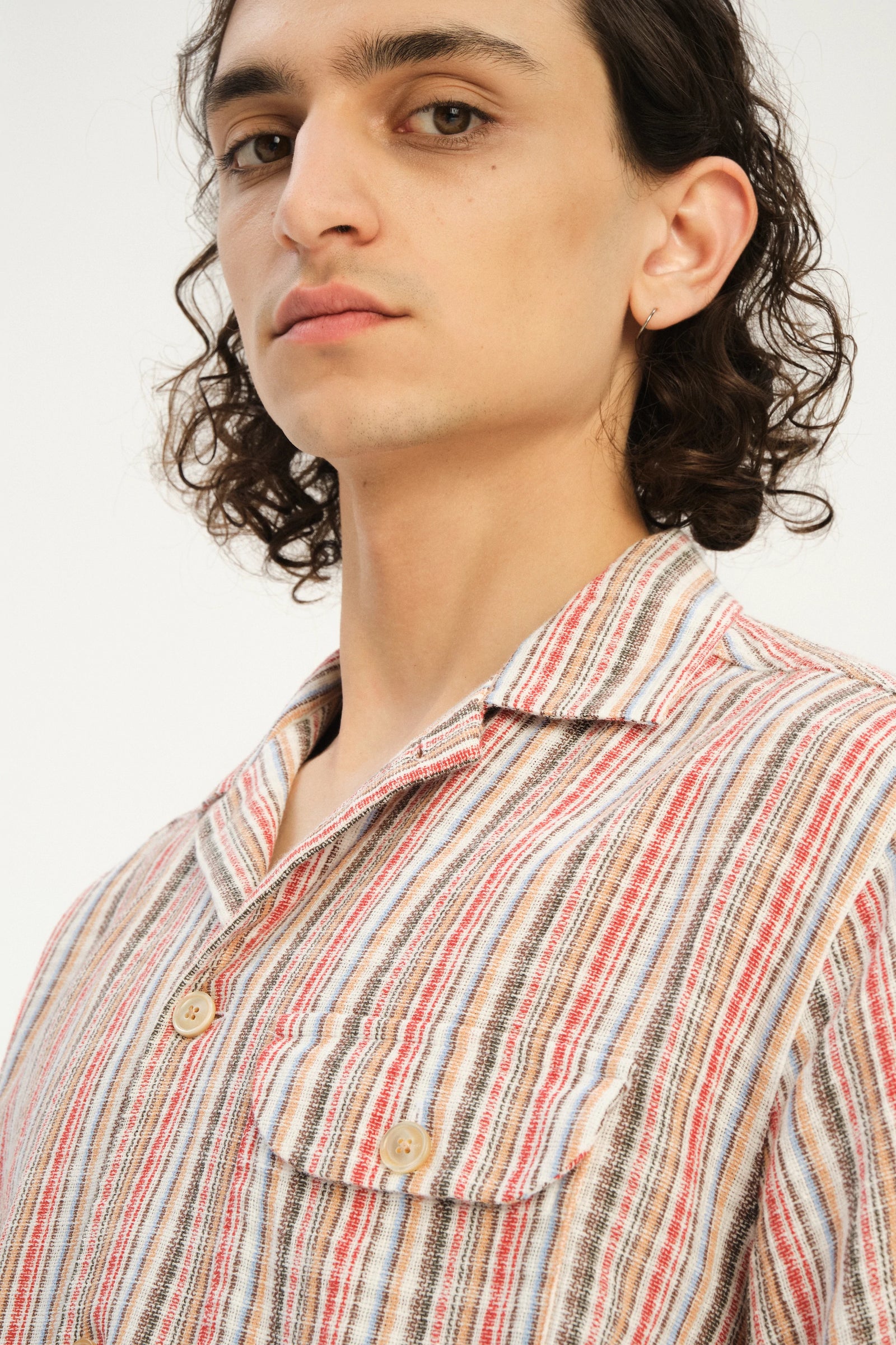 Short Sleeve Camp Collar Shirt  in a Red, Blue, Grey and Beige Airy Portuguese Cotton