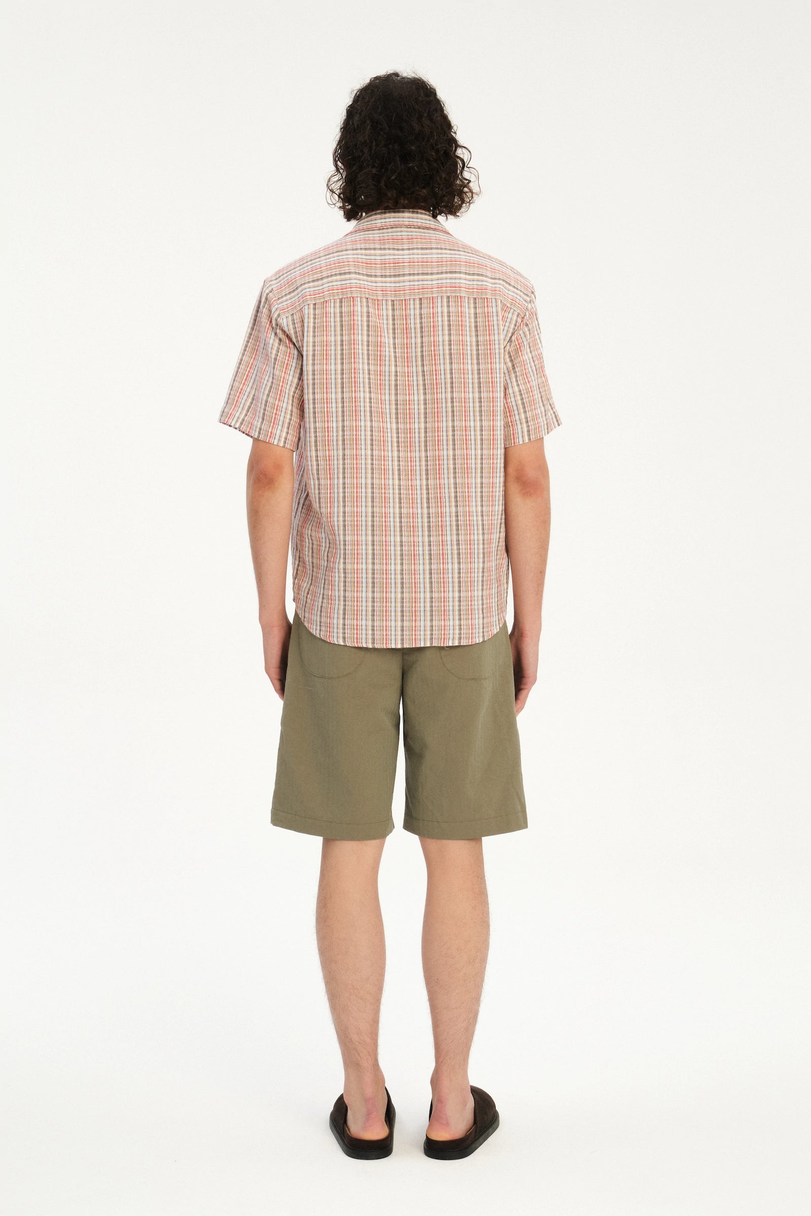 Short Sleeve Camp Collar Shirt  in a Red, Blue, Grey and Beige Airy Portuguese Cotton