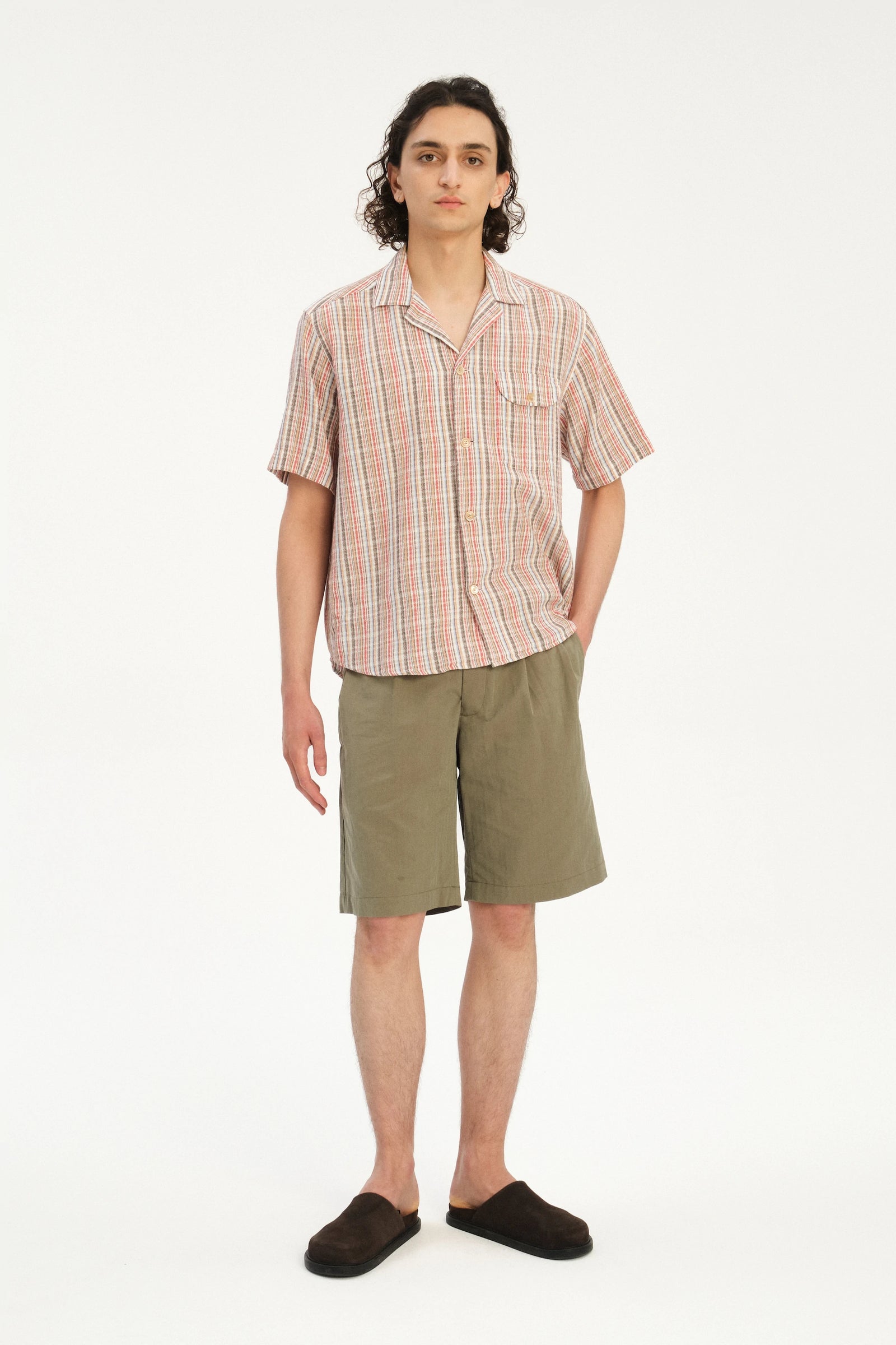 Short Sleeve Camp Collar Shirt  in a Red, Blue, Grey and Beige Airy Portuguese Cotton