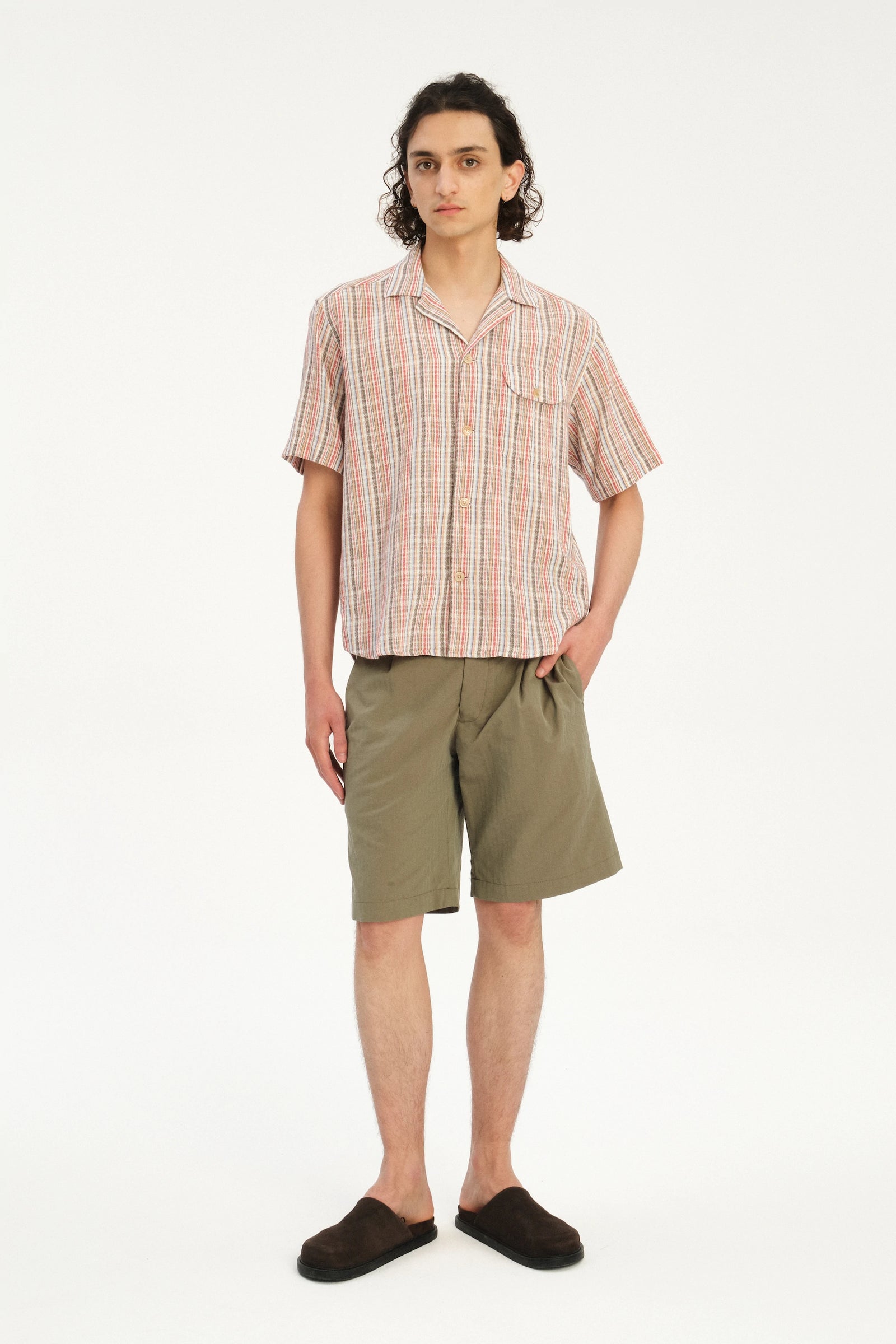 Short Sleeve Camp Collar Shirt  in a Red, Blue, Grey and Beige Airy Portuguese Cotton