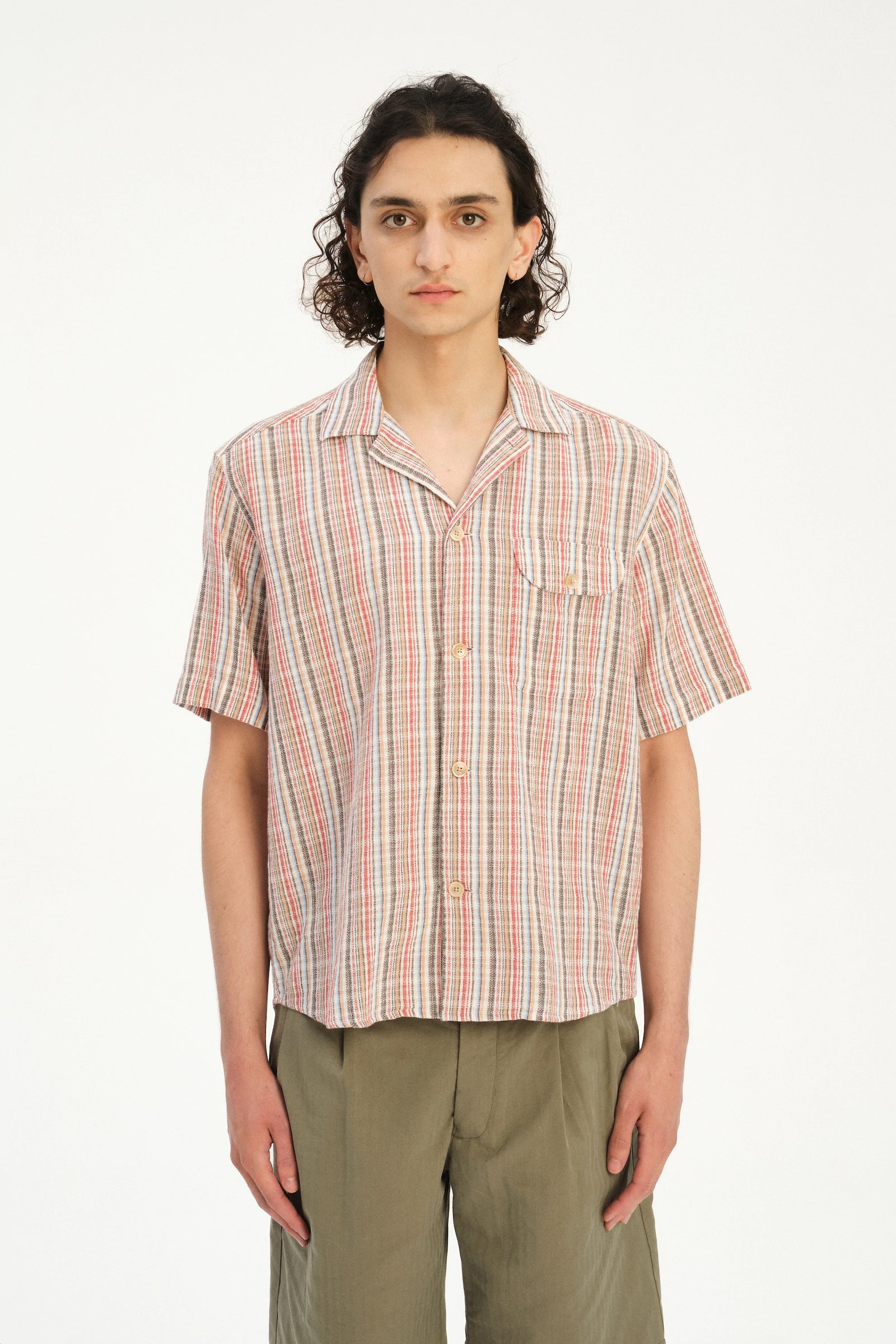 Short Sleeve Camp Collar Shirt  in a Red, Blue, Grey and Beige Airy Portuguese Cotton