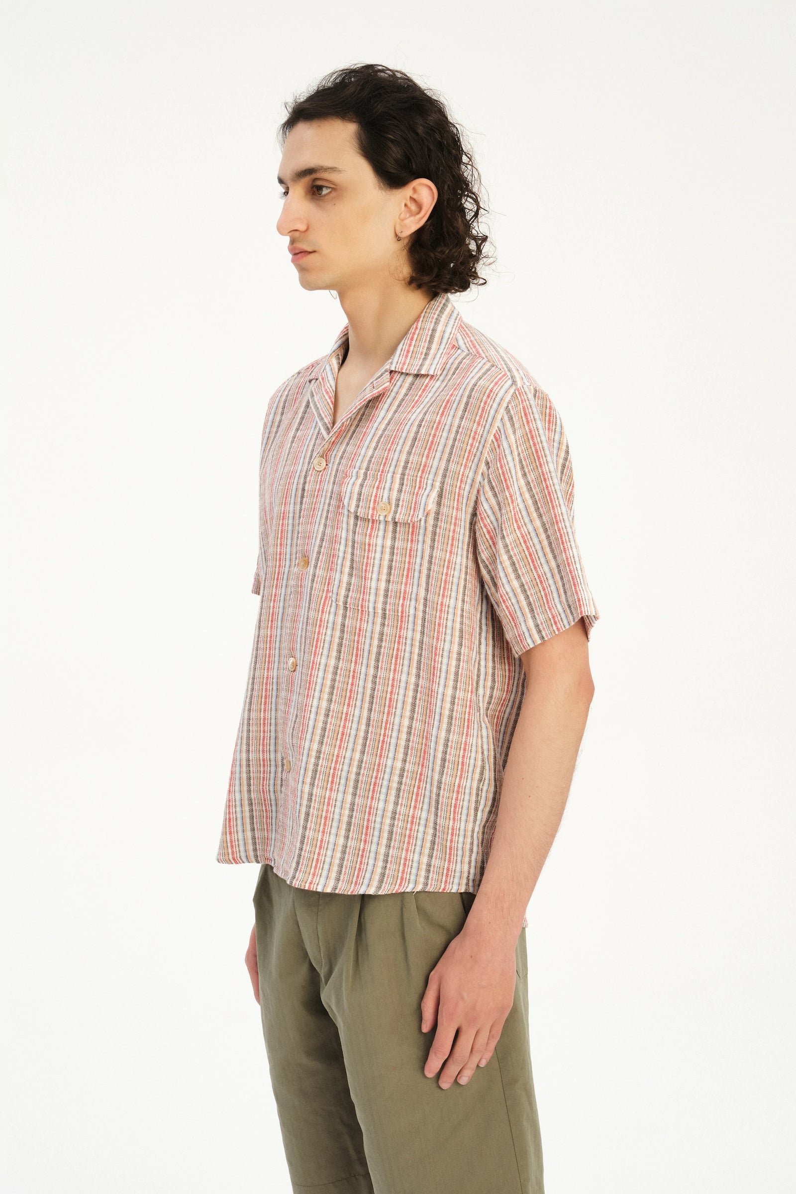Short Sleeve Camp Collar Shirt  in a Red, Blue, Grey and Beige Airy Portuguese Cotton