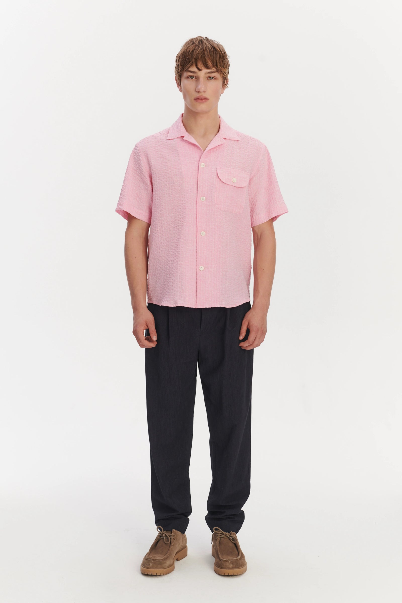 Short Sleeve Camp Collar Shirt in a Pink Italian Linen Seersucker by Albini