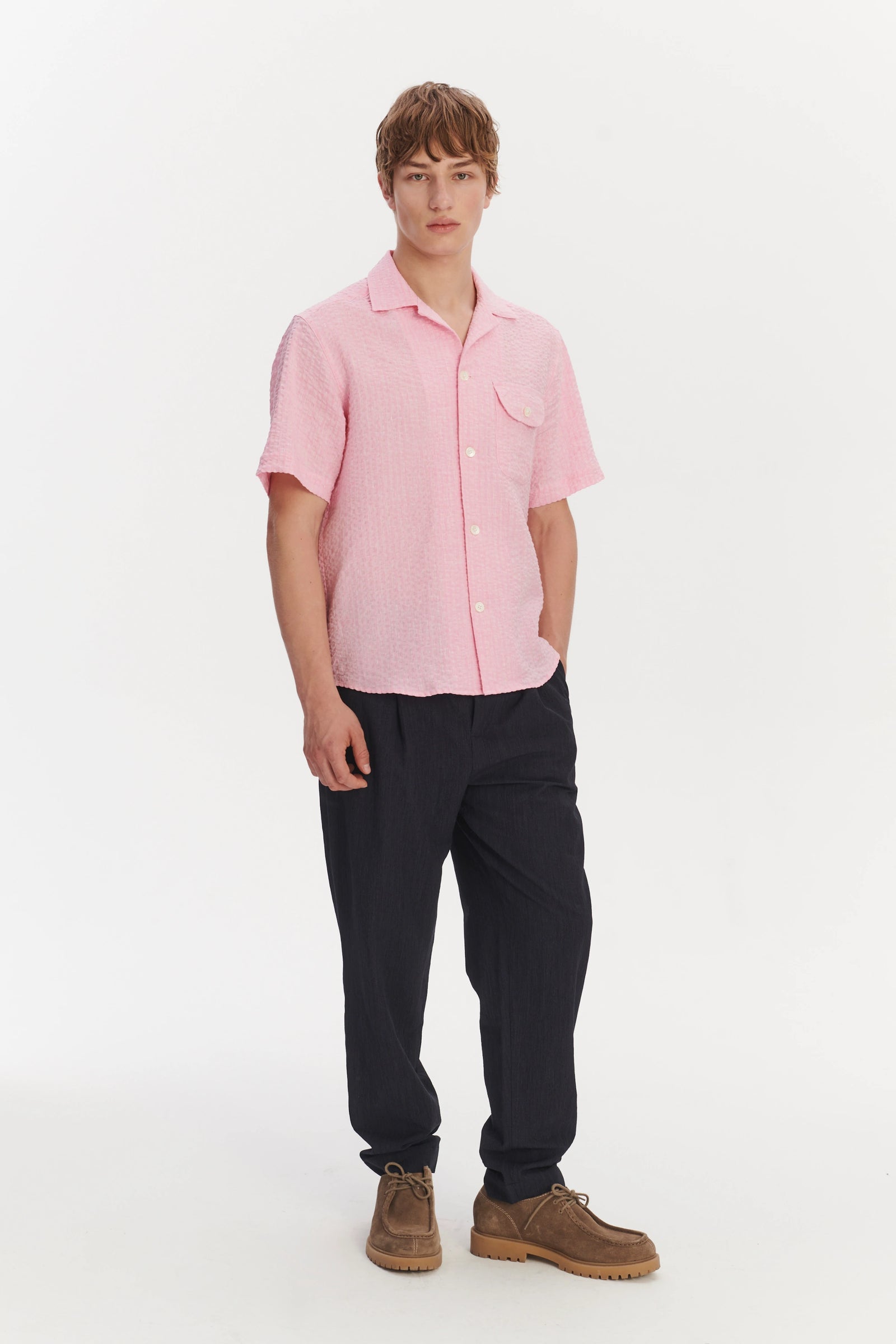 Short Sleeve Camp Collar Shirt in a Pink Italian Linen Seersucker by Albini