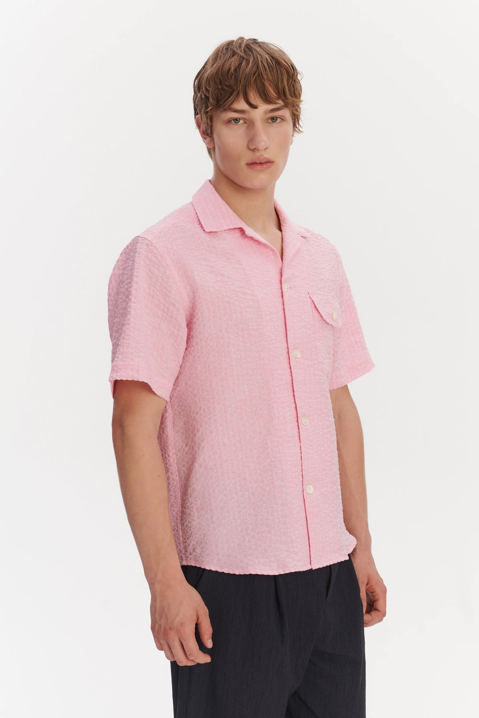 Short Sleeve Camp Collar Shirt in a Pink Italian Linen Seersucker by Albini