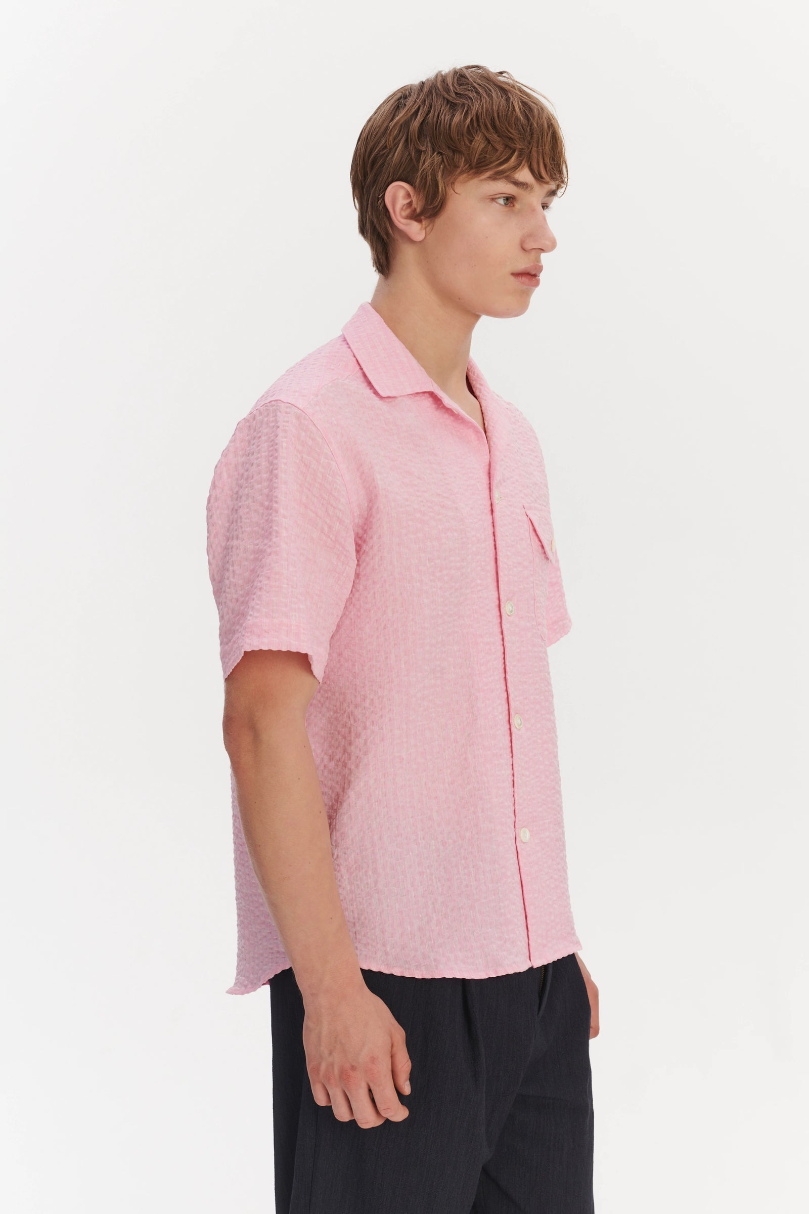 Short Sleeve Camp Collar Shirt in a Pink Italian Linen Seersucker by Albini