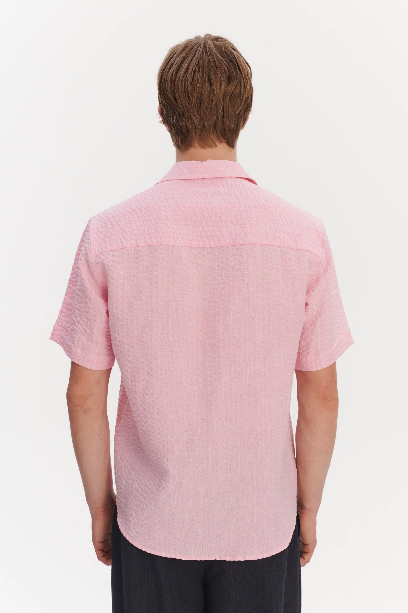 Short Sleeve Camp Collar Shirt in a Pink Italian Linen Seersucker by Albini