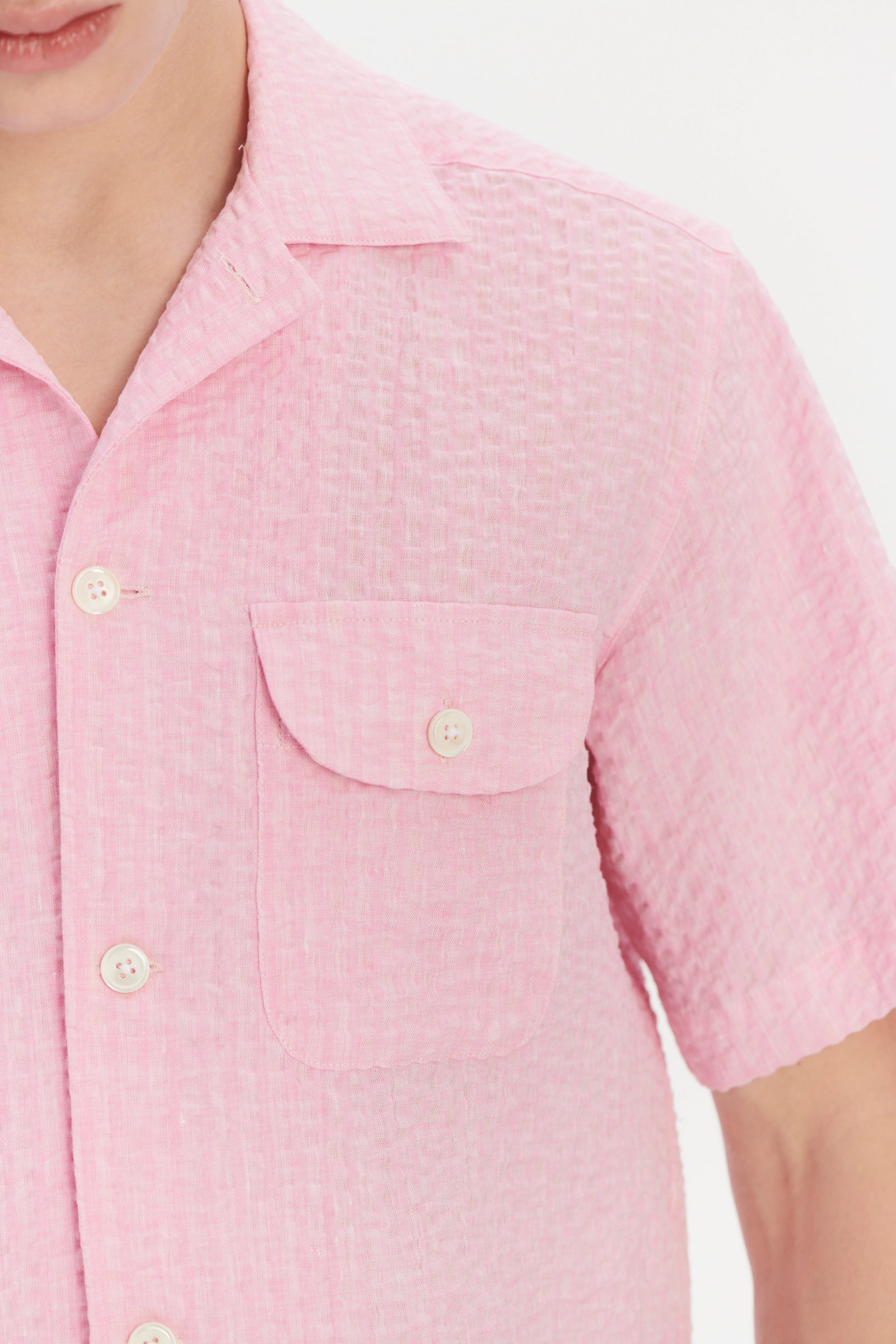 Short Sleeve Camp Collar Shirt in a Pink Italian Linen Seersucker by Albini