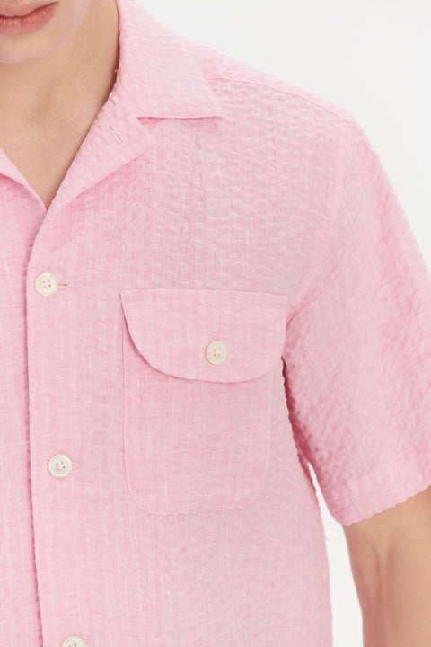 Short Sleeve Camp Collar Shirt in a Pink Italian Linen Seersucker by Albini