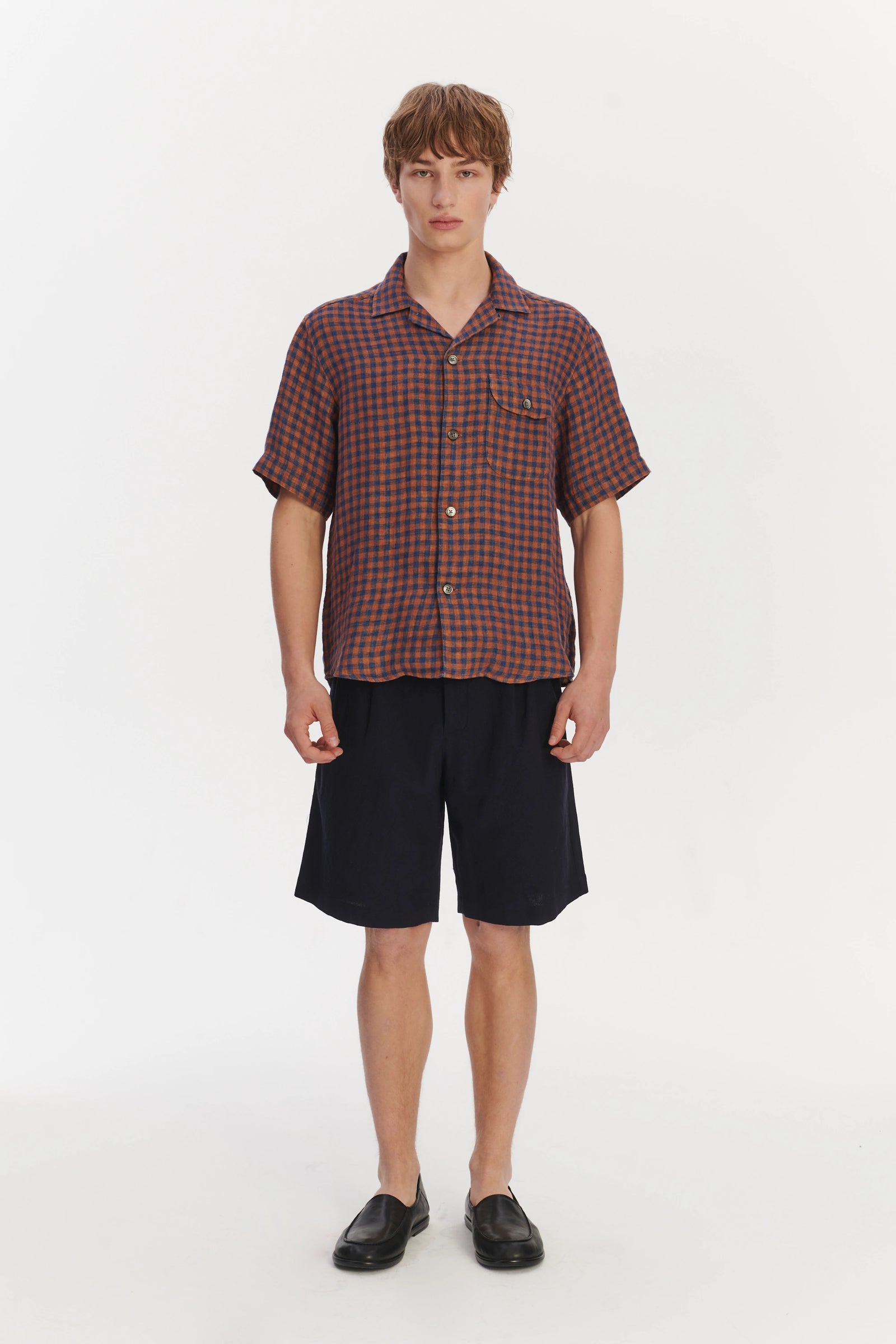 Short Sleeve Relaxed Camp Collar Shirt in a Double Sided Rusty Red and Blue Chequered Linen