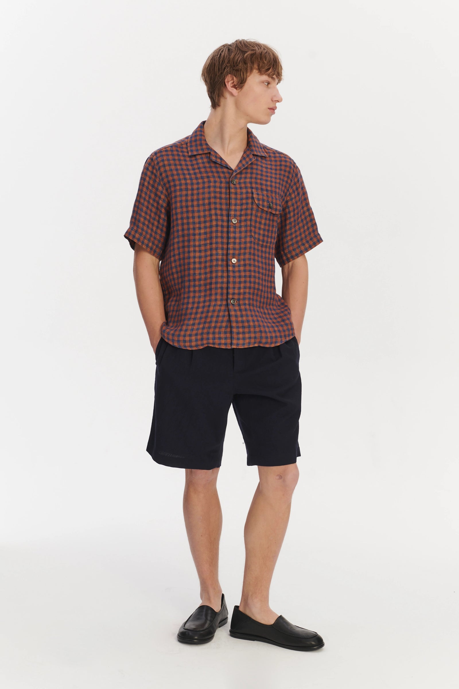 Short Sleeve Relaxed Camp Collar Shirt in a Double Sided Rusty Red and Blue Chequered Linen