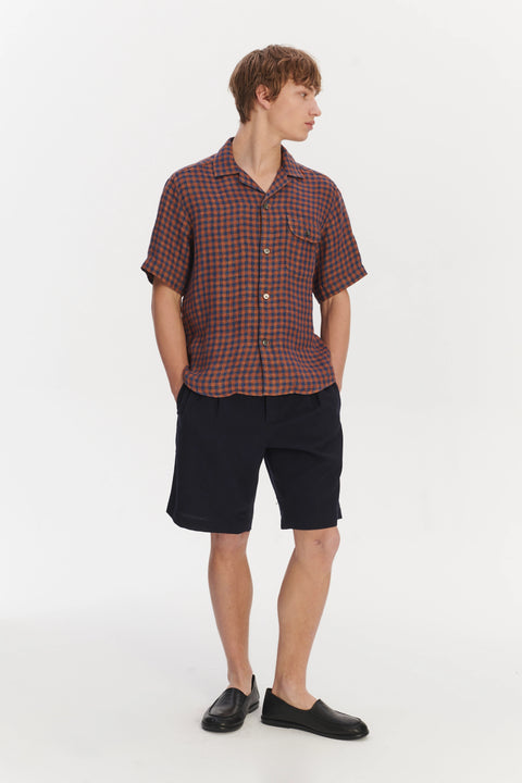Short Sleeve Relaxed Camp Collar Shirt in a Double Sided Rusty Red and Blue Chequered Linen
