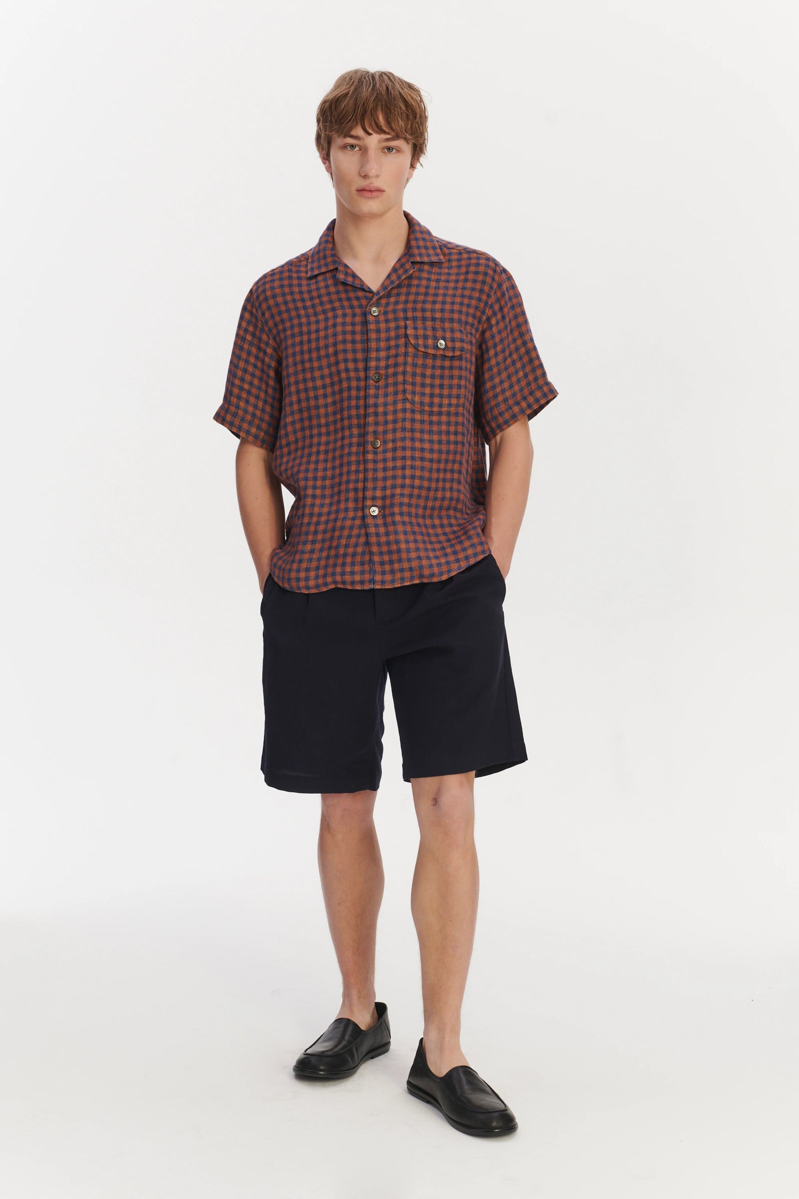 Short Sleeve Relaxed Camp Collar Shirt in a Double Sided Rusty Red and Blue Chequered Linen
