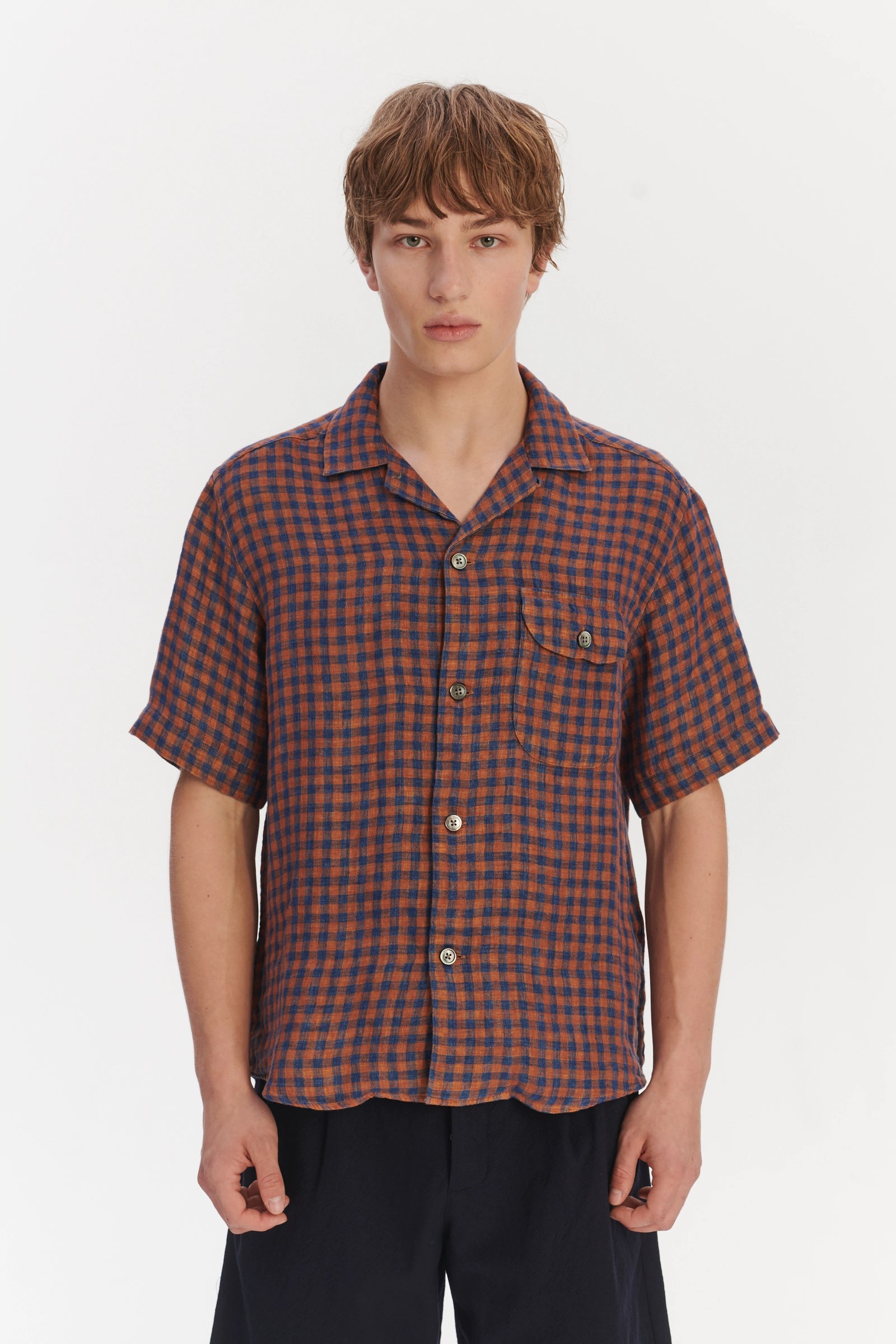 Short Sleeve Relaxed Camp Collar Shirt in a Double Sided Rusty Red and Blue Chequered Linen