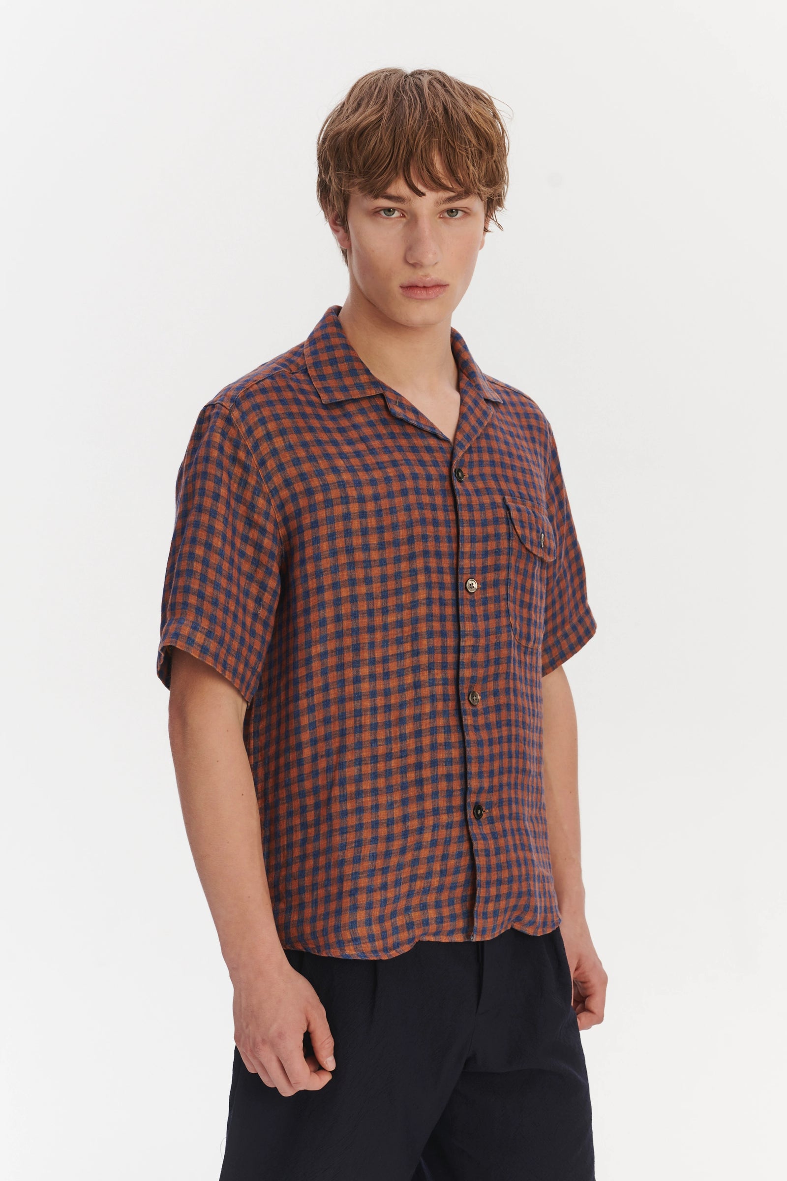 Short Sleeve Relaxed Camp Collar Shirt in a Double Sided Rusty Red and Blue Chequered Linen