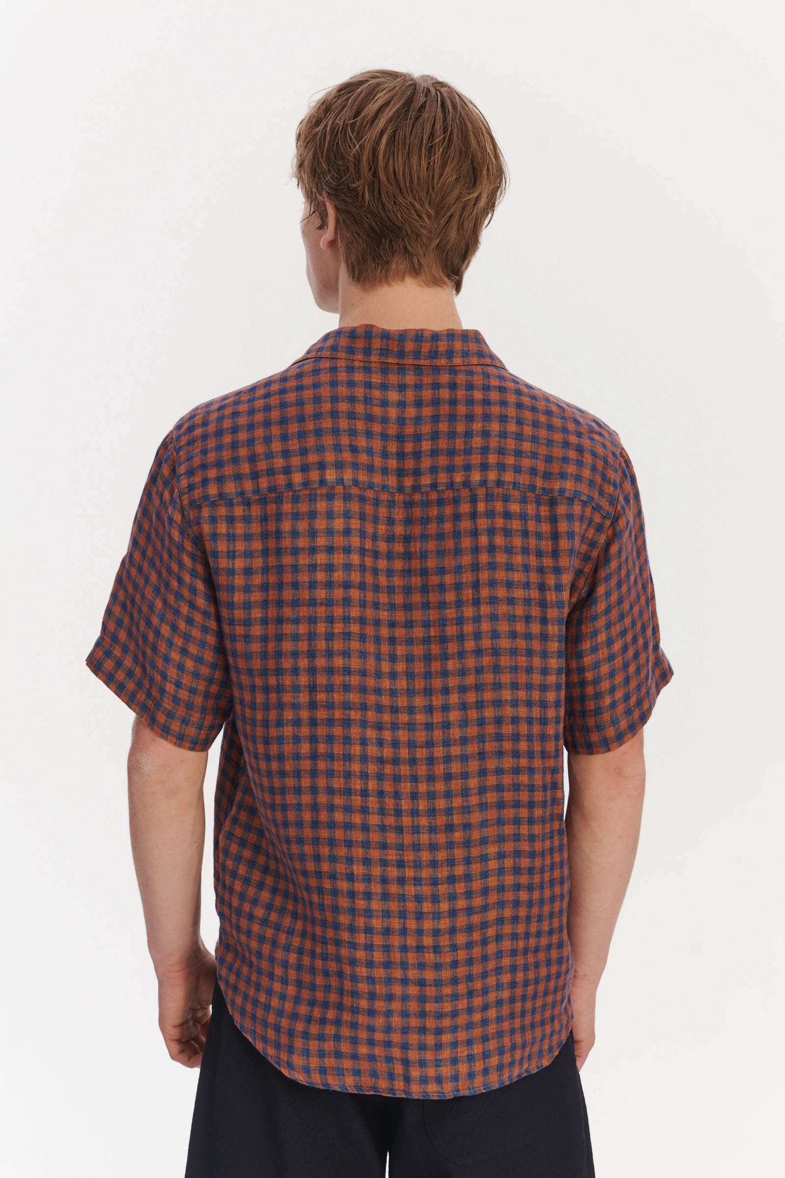 Short Sleeve Relaxed Camp Collar Shirt in a Double Sided Rusty Red and Blue Chequered Linen