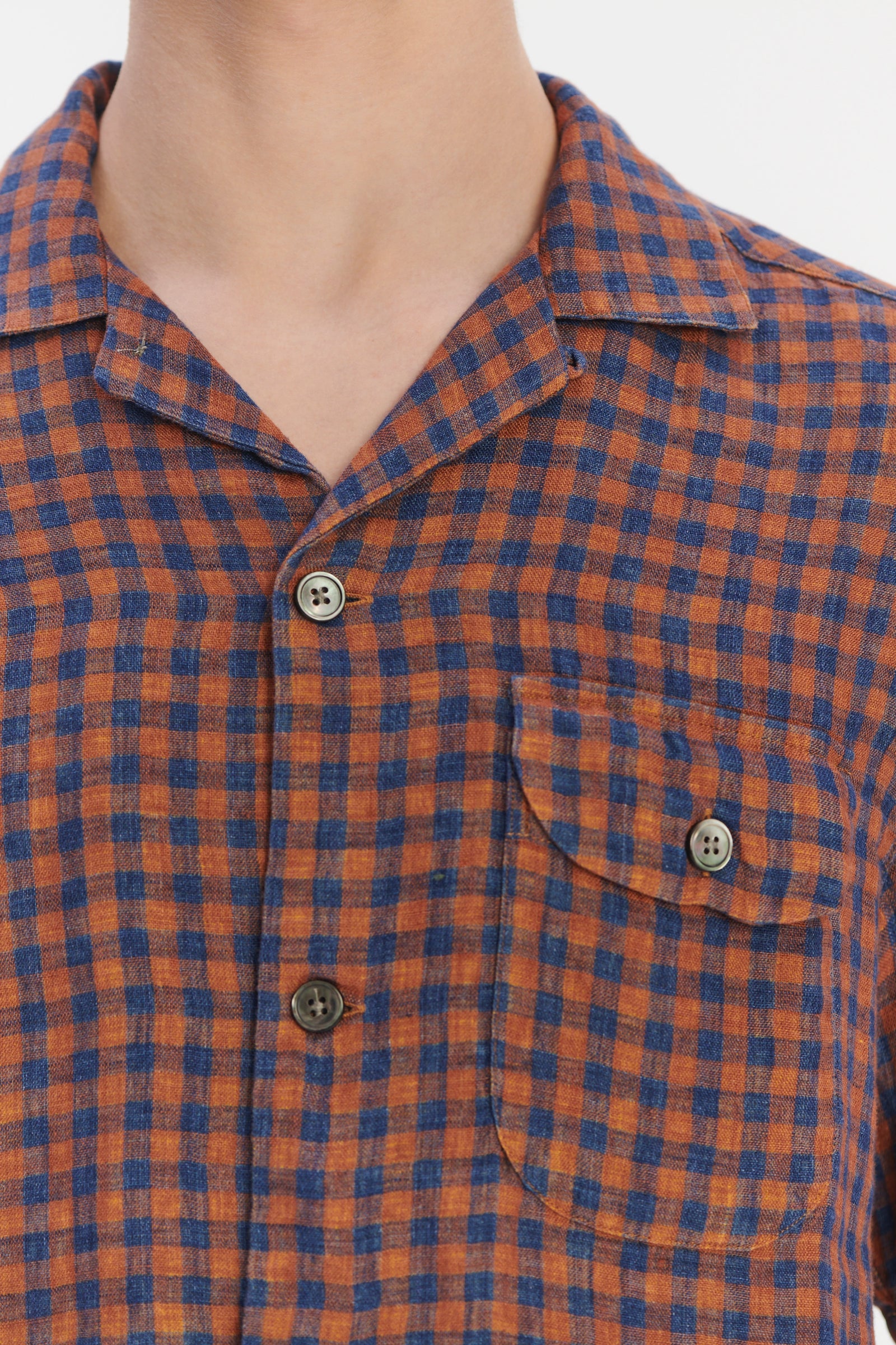 Short Sleeve Relaxed Camp Collar Shirt in a Double Sided Rusty Red and Blue Chequered Linen
