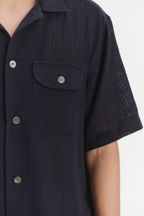 Short Sleeve Camp Collar Shirt  in a Dark Navy Airy Structural Portuguese Cotton