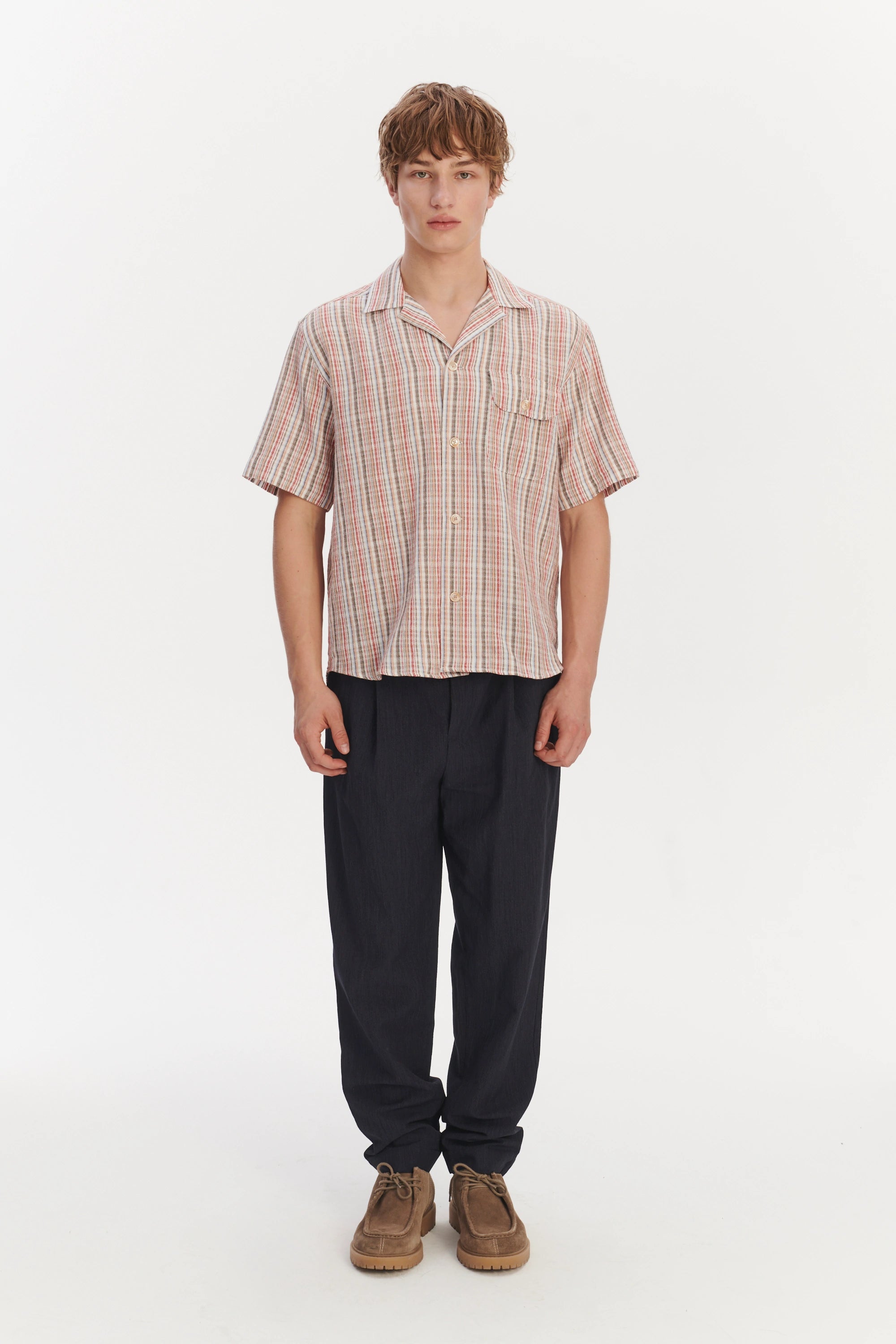 Short Sleeve Camp Collar Shirt  in a Red, Blue, Grey and Beige Striped Airy Structural Portuguese Cotton