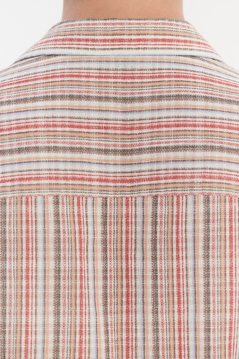 Short Sleeve Camp Collar Shirt  in a Red, Blue, Grey and Beige Striped Airy Structural Portuguese Cotton