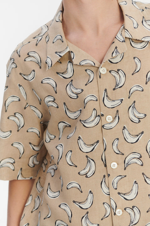 Short Sleeve Relaxed Cuban Collar Shirt in a Beige, White and Black Fine Italian Linen