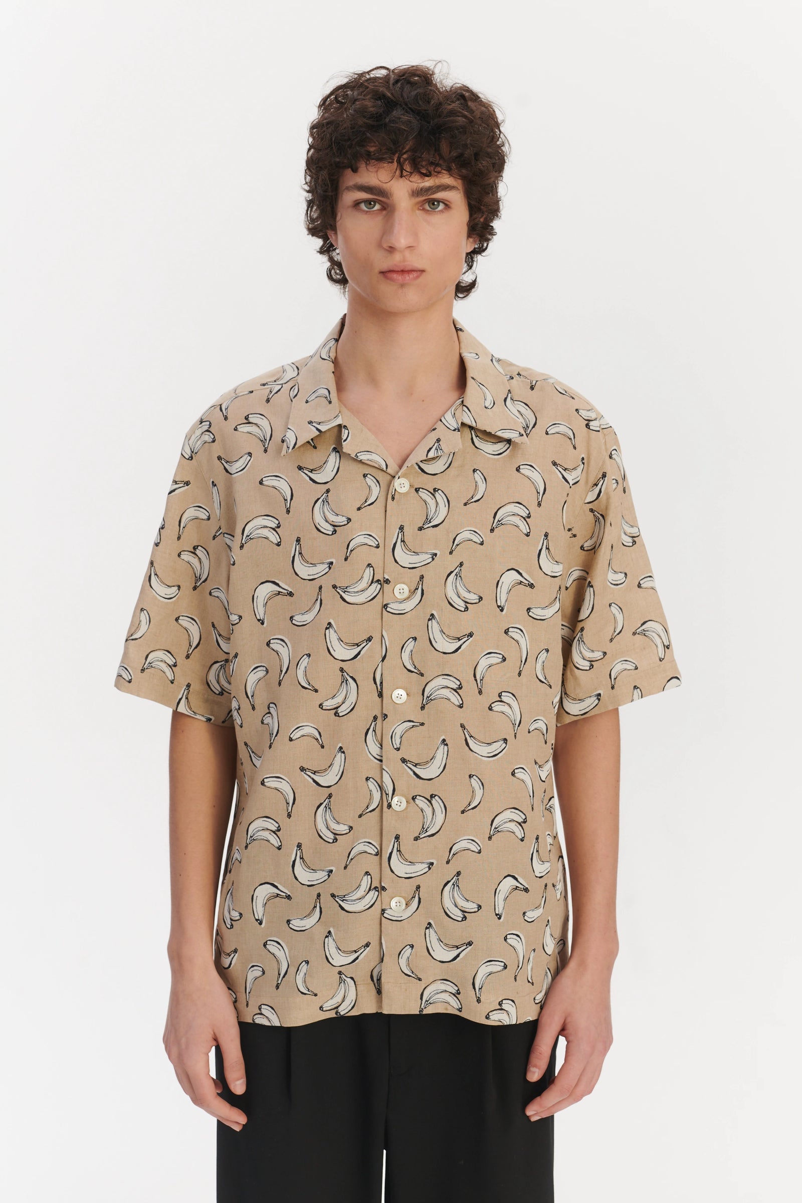 Short Sleeve Relaxed Cuban Collar Shirt in a Beige, White and Black Fine Italian Linen