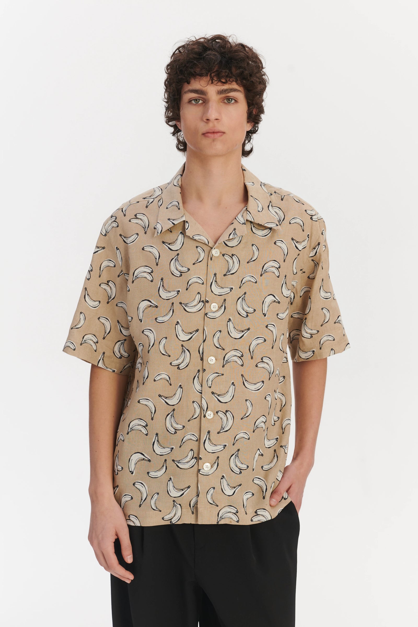 Short Sleeve Relaxed Cuban Collar Shirt in a Beige, White and Black Fine Italian Linen