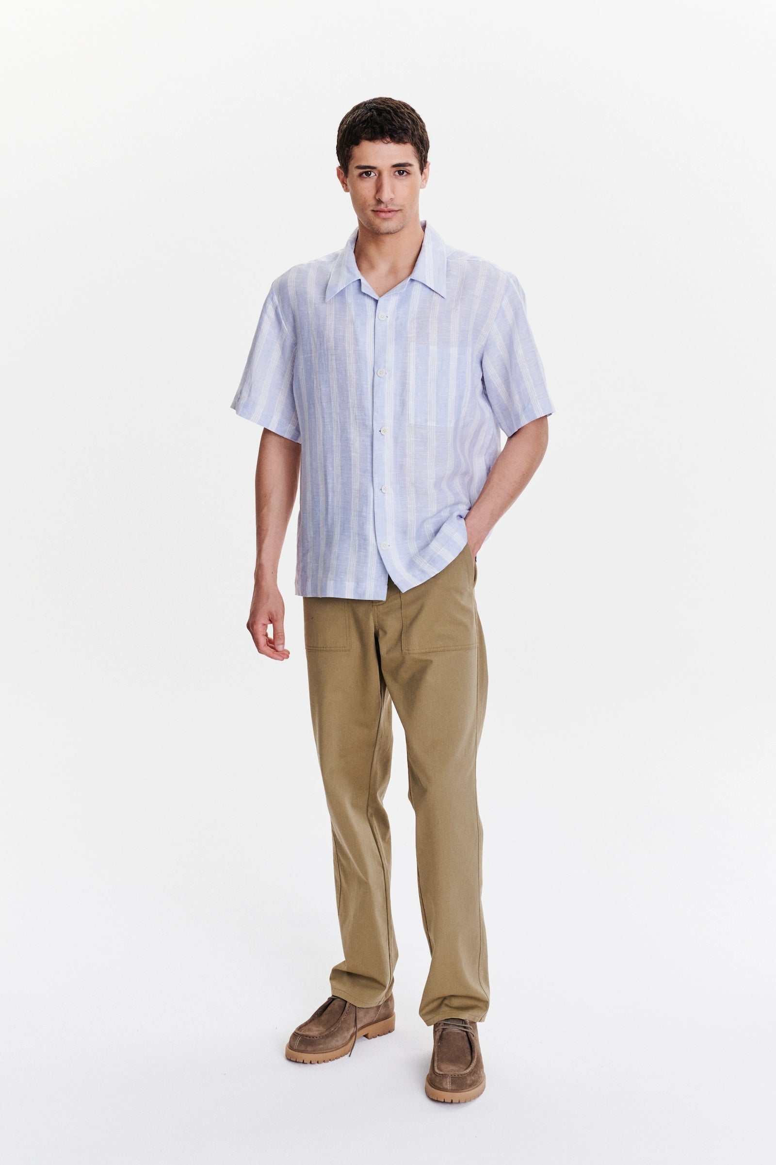 Short Sleeve Cuban Collar Shirt in a Subtle Blue and White Striped Italian Linen
