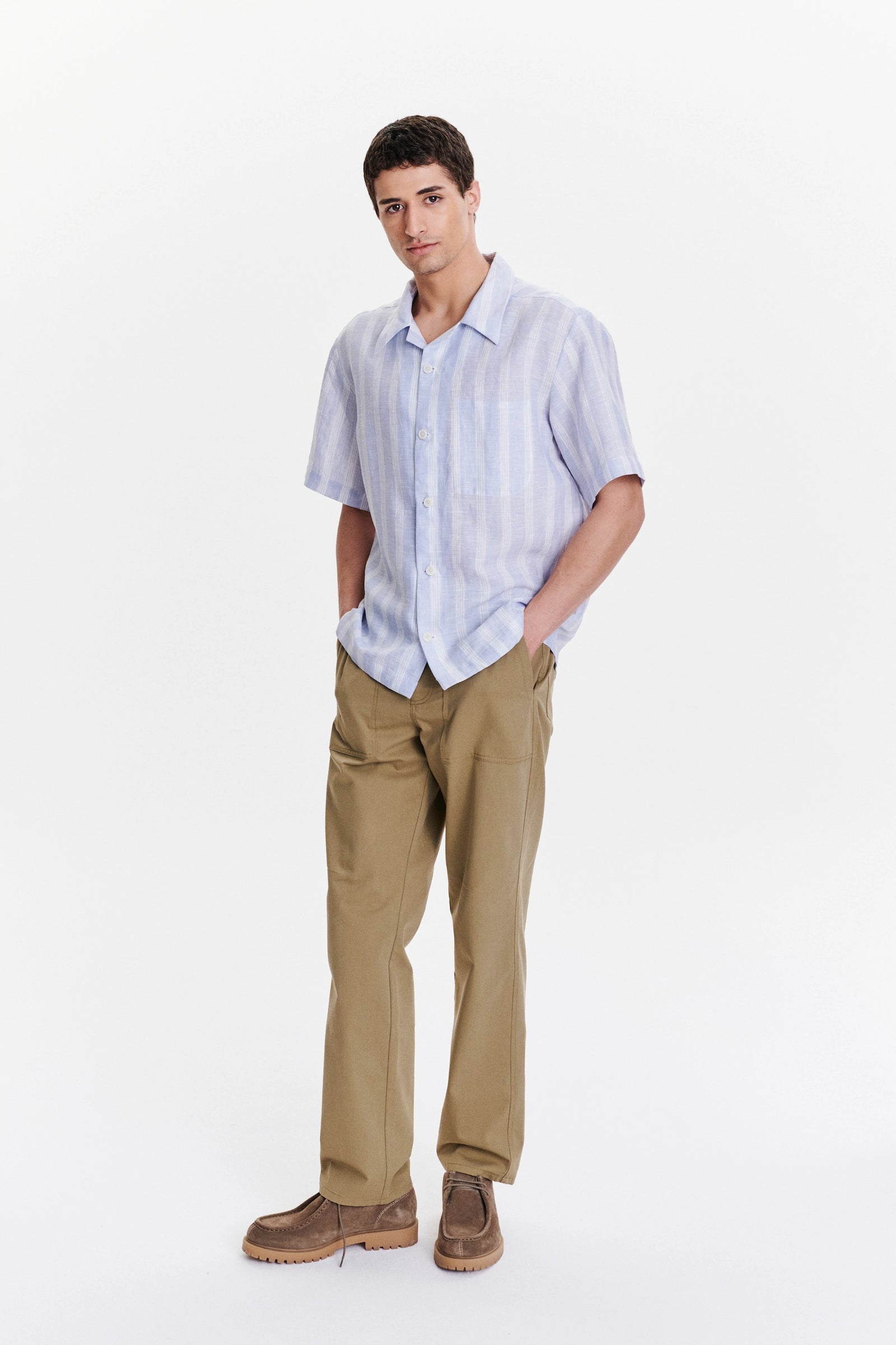 Short Sleeve Cuban Collar Shirt in a Subtle Blue and White Striped Italian Linen