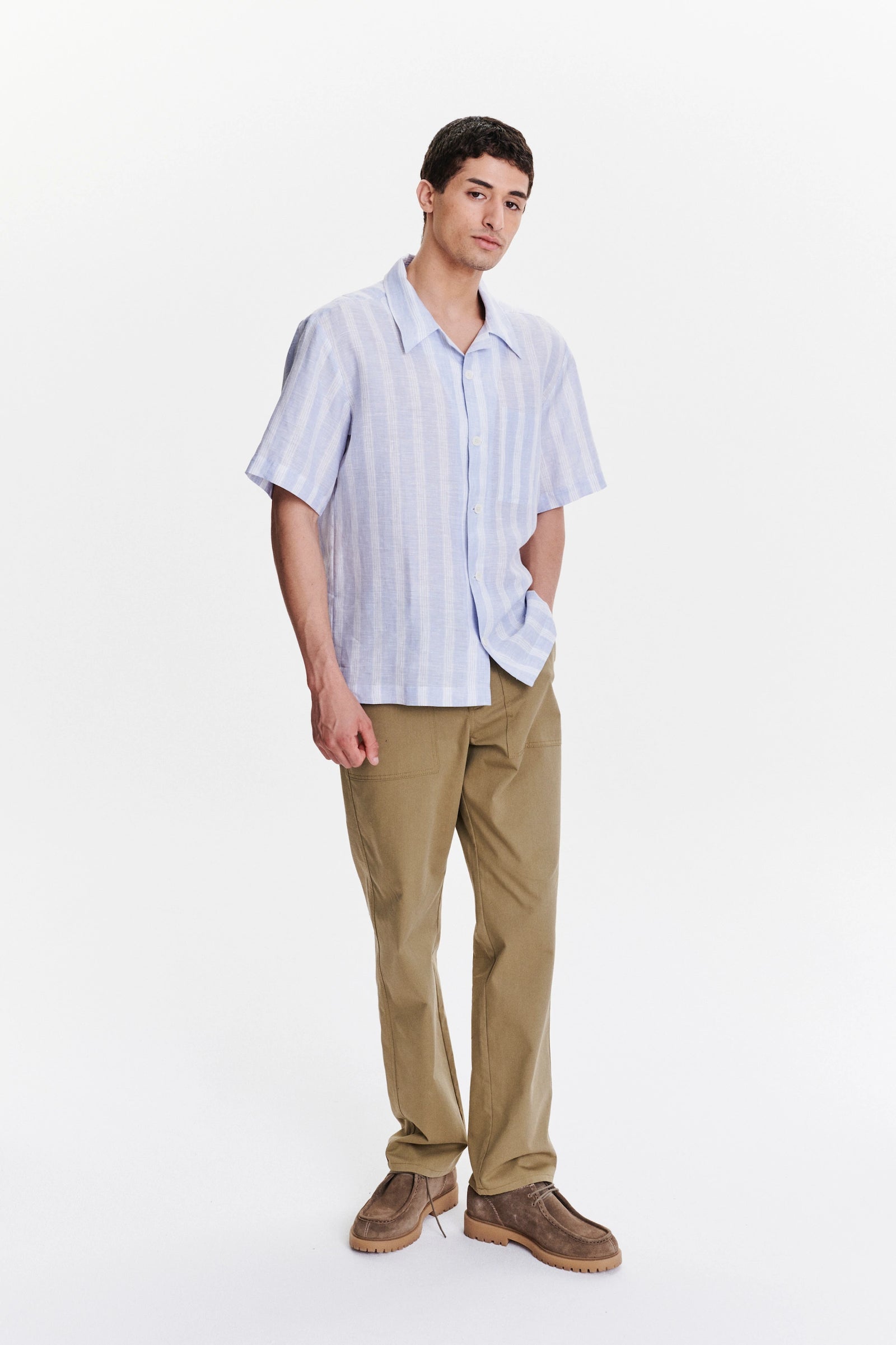 Short Sleeve Cuban Collar Shirt in a Subtle Blue and White Striped Italian Linen
