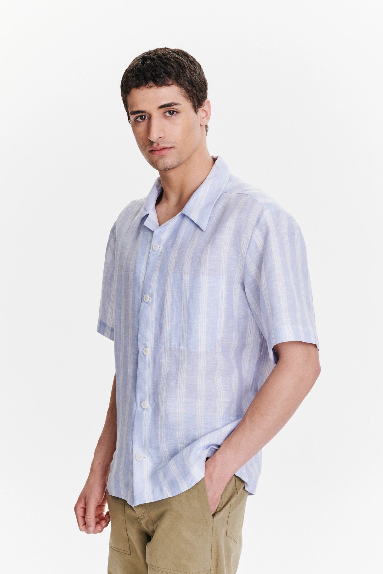 Short Sleeve Cuban Collar Shirt in a Subtle Blue and White Striped Italian Linen