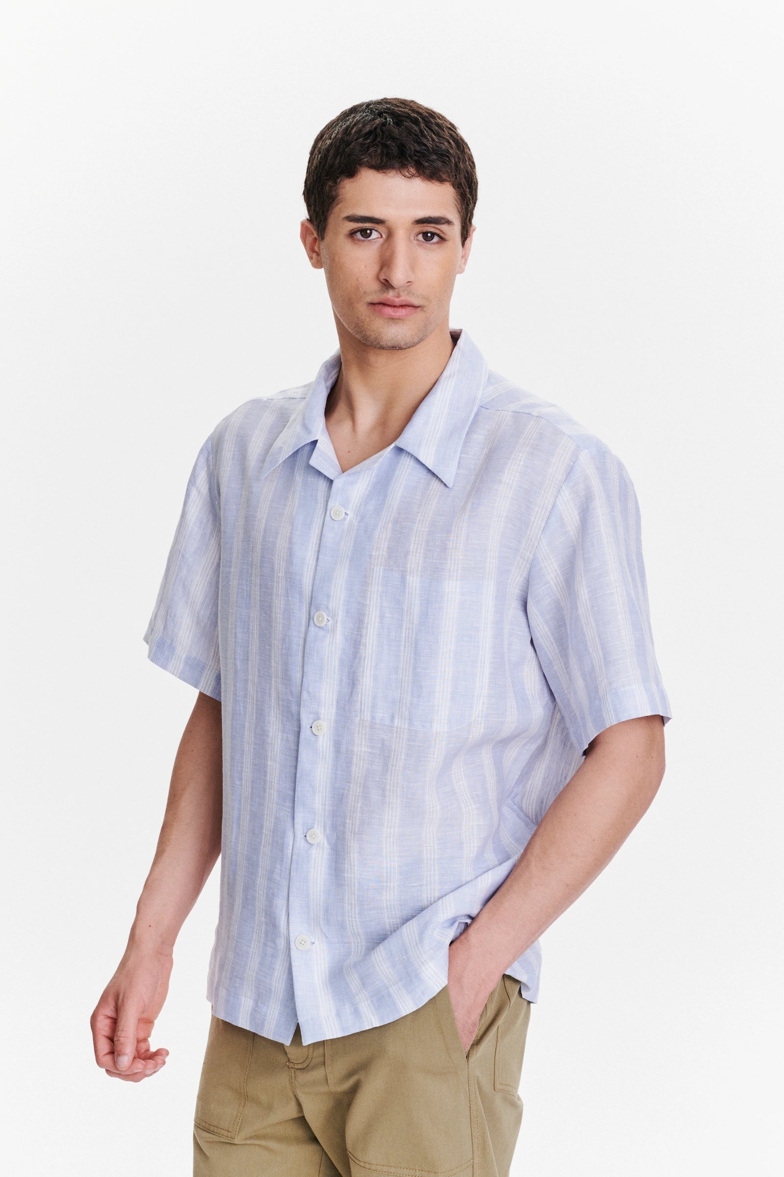 Short Sleeve Cuban Collar Shirt in a Subtle Blue and White Striped Italian Linen