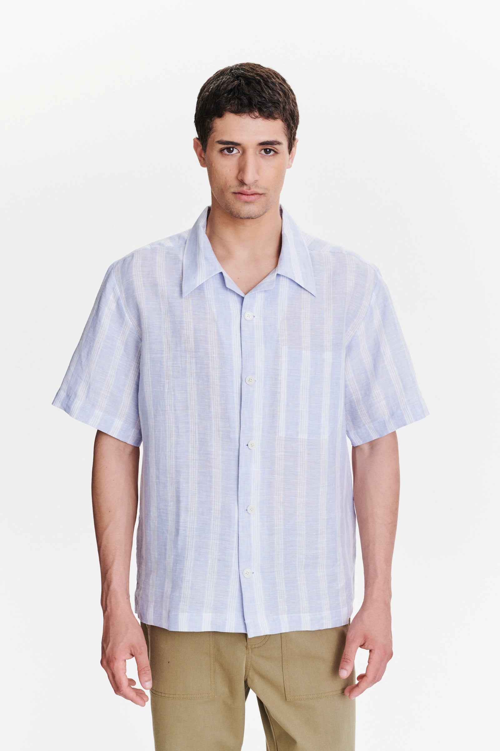 Short Sleeve Cuban Collar Shirt in a Subtle Blue and White Striped Italian Linen
