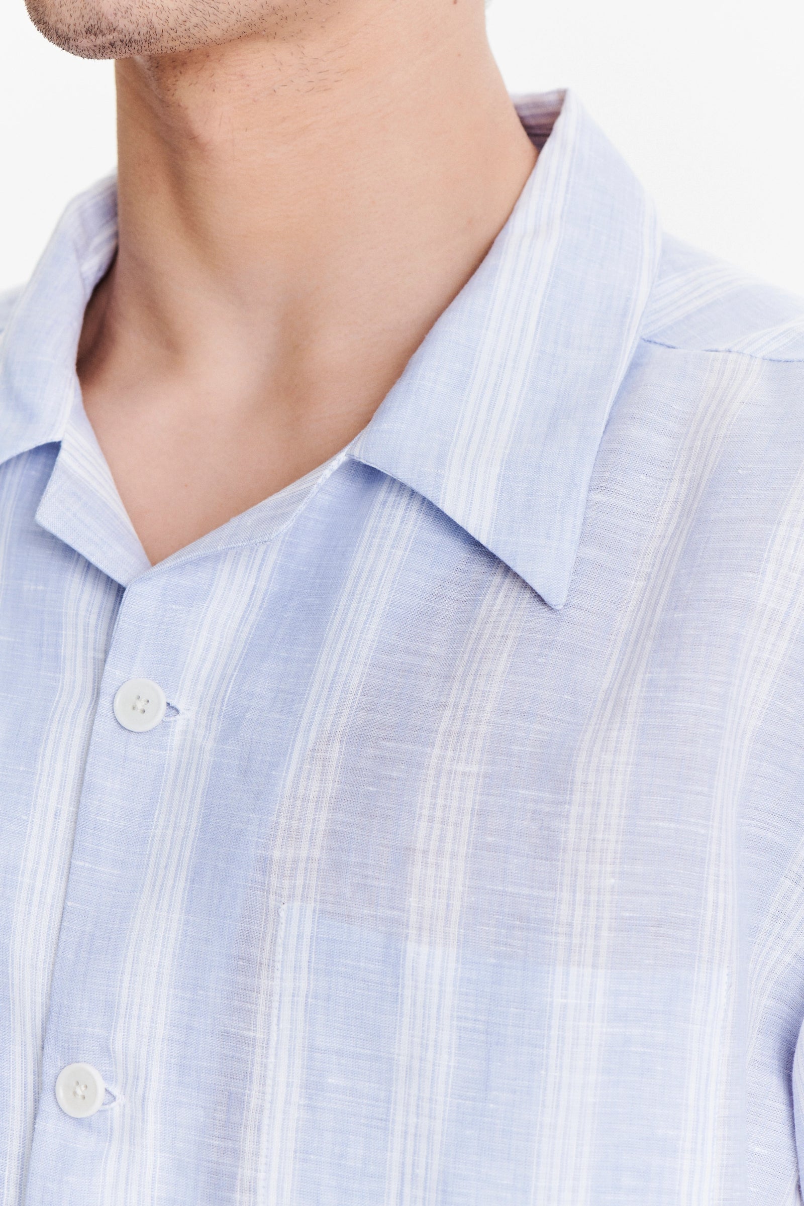 Short Sleeve Cuban Collar Shirt in a Subtle Blue and White Striped Italian Linen