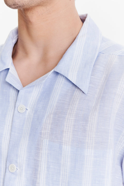 Short Sleeve Cuban Collar Shirt in a Subtle Blue and White Striped Italian Linen