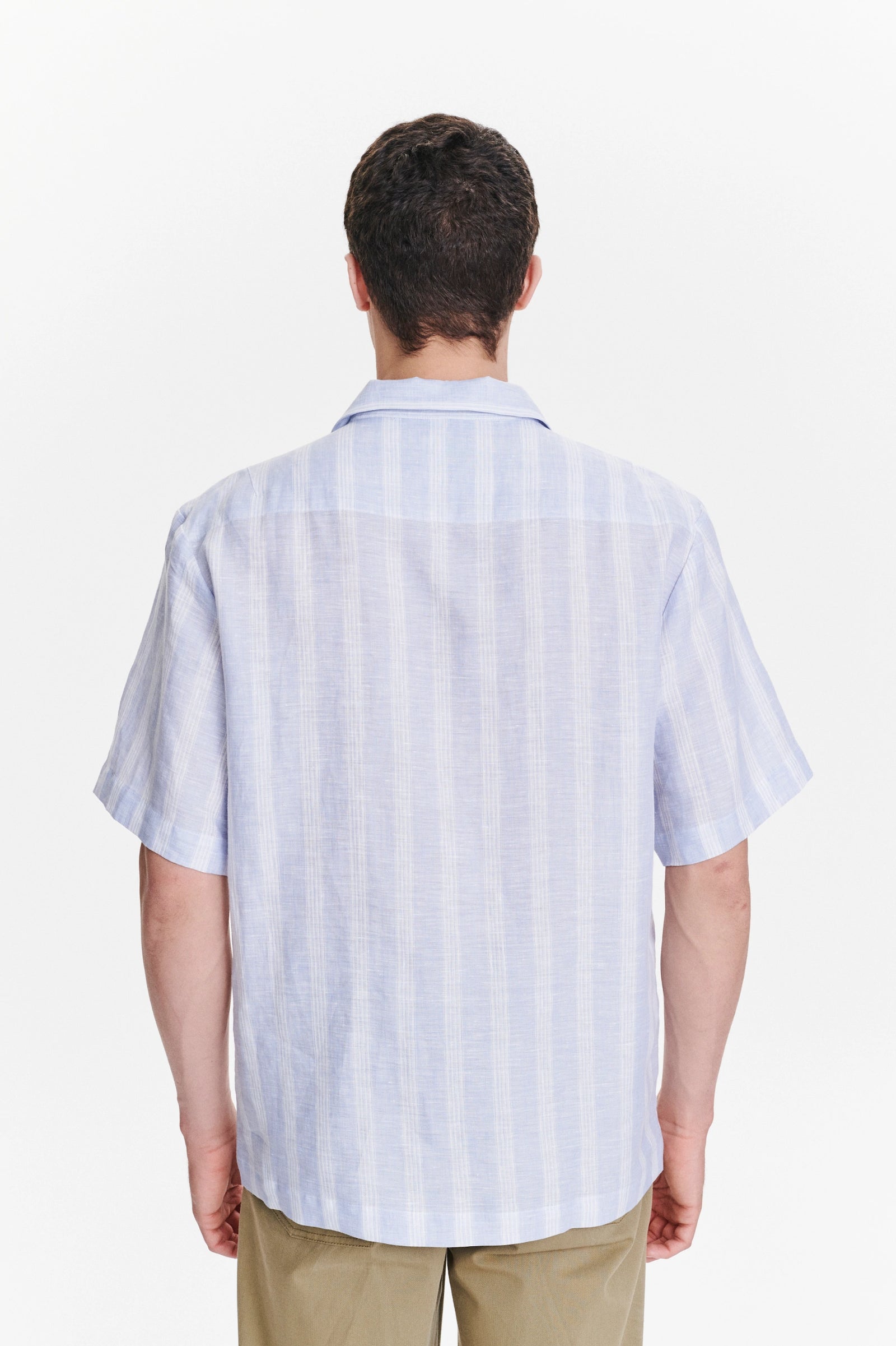 Short Sleeve Cuban Collar Shirt in a Subtle Blue and White Striped Italian Linen
