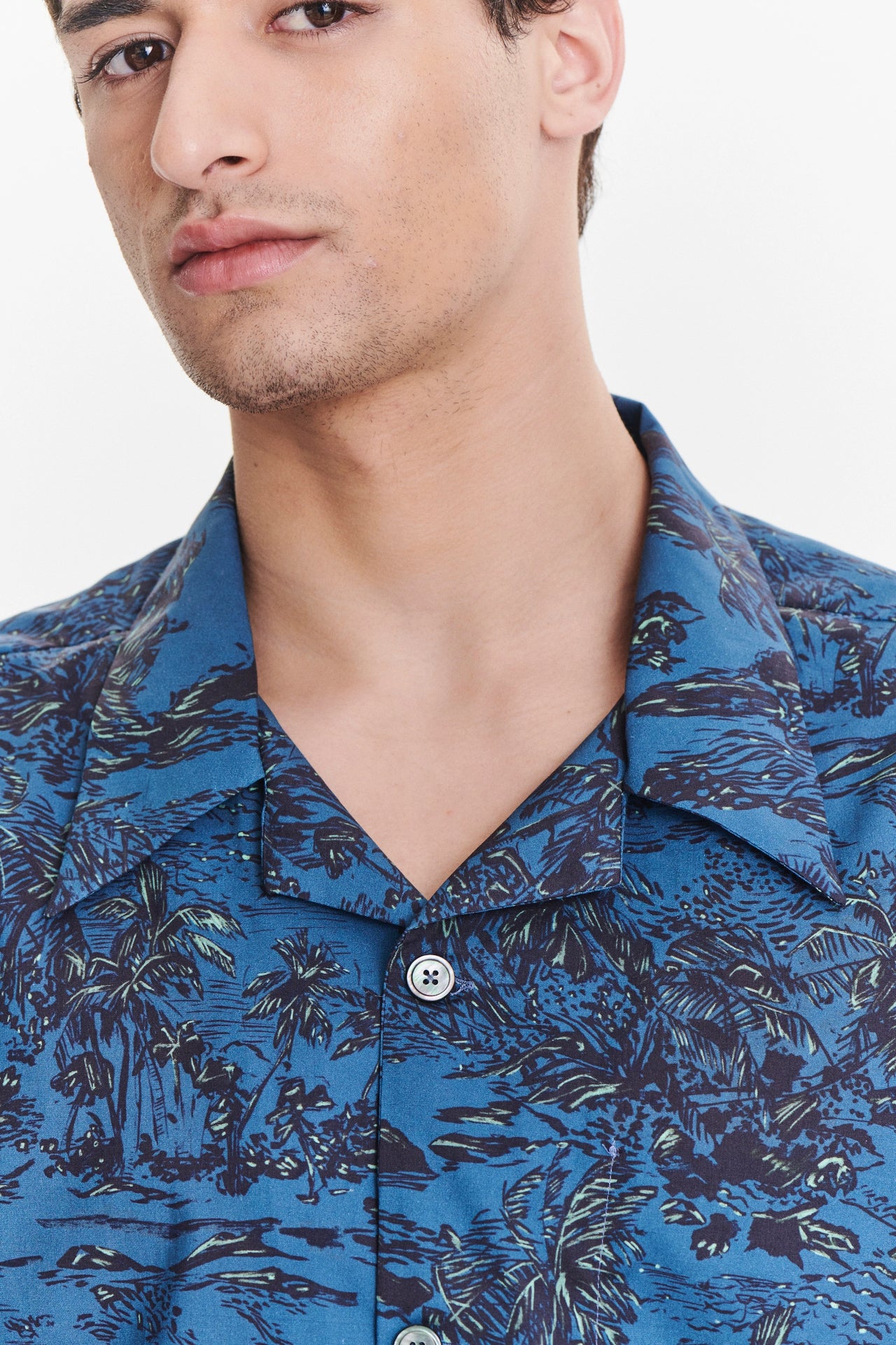 Short Sleeve Cuban Collar Shirt in a Blue Printed Palm Design Italian Cotton and Lyocell