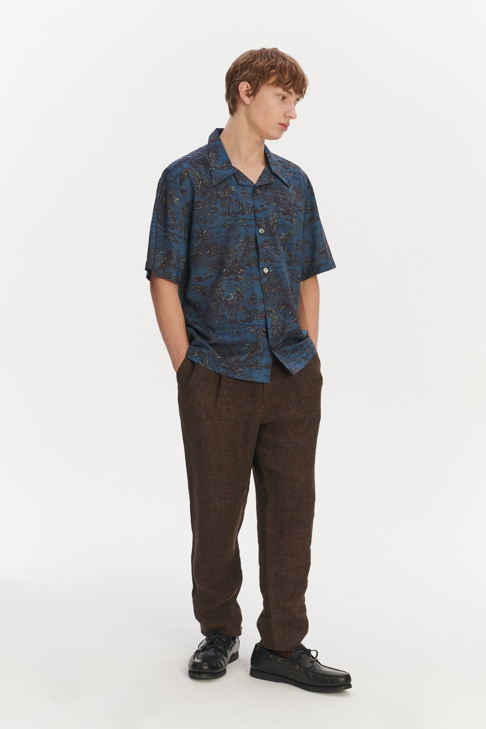 Short Sleeve Cuban Collar Shirt in a Blue Printed Palm Design Italian Cotton and Lyocell