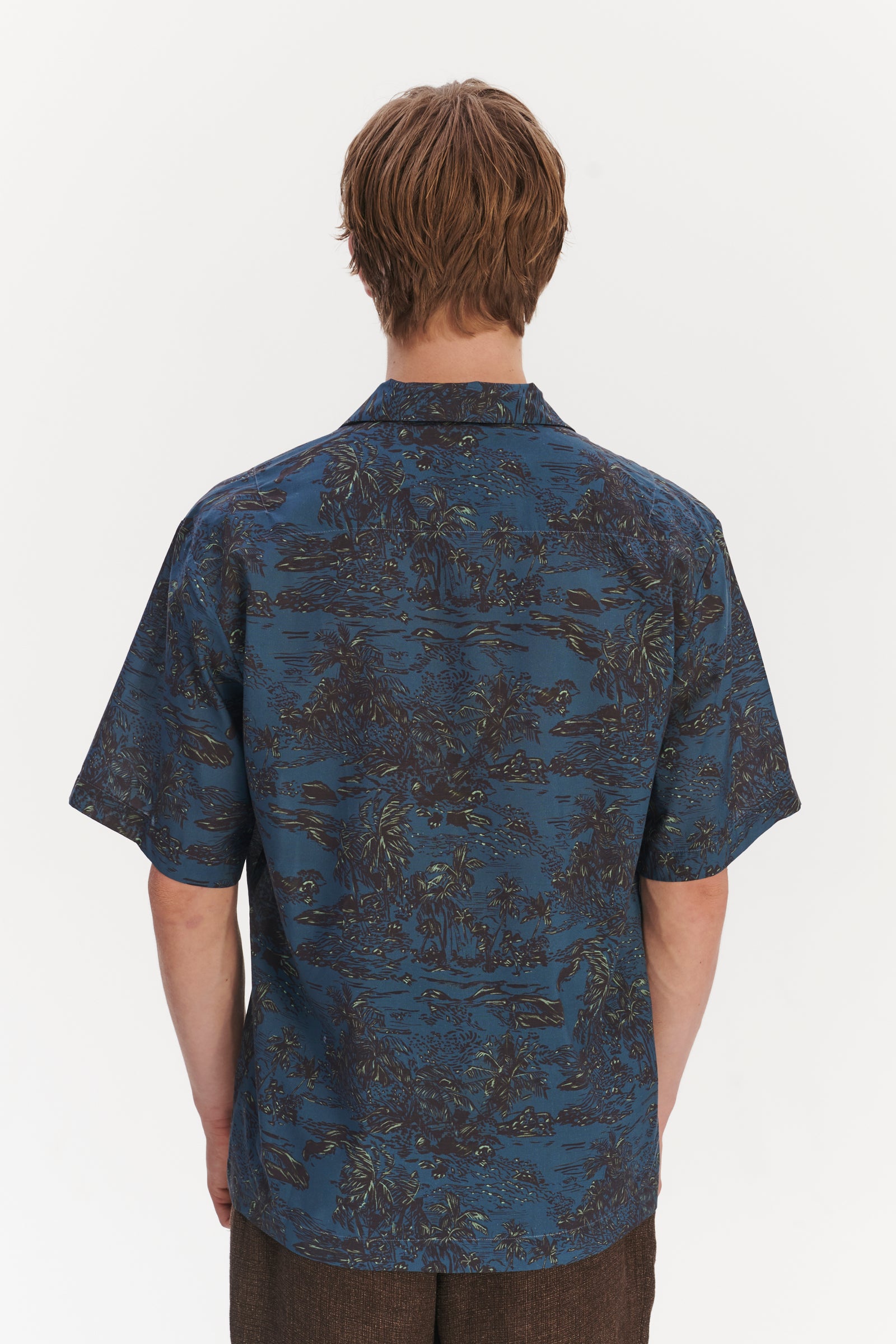 Short Sleeve Cuban Collar Shirt in a Blue Printed Palm Design Italian Cotton and Lyocell