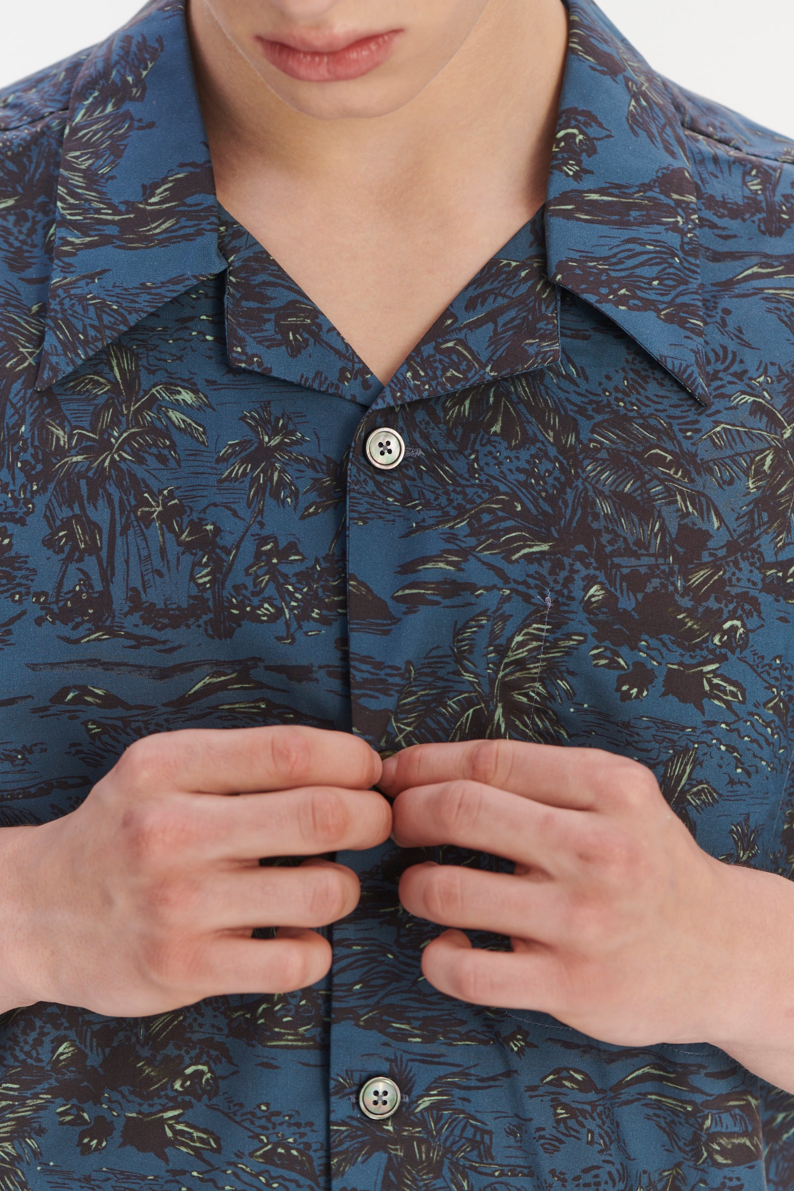 Short Sleeve Cuban Collar Shirt in a Blue Printed Palm Design Italian Cotton and Lyocell