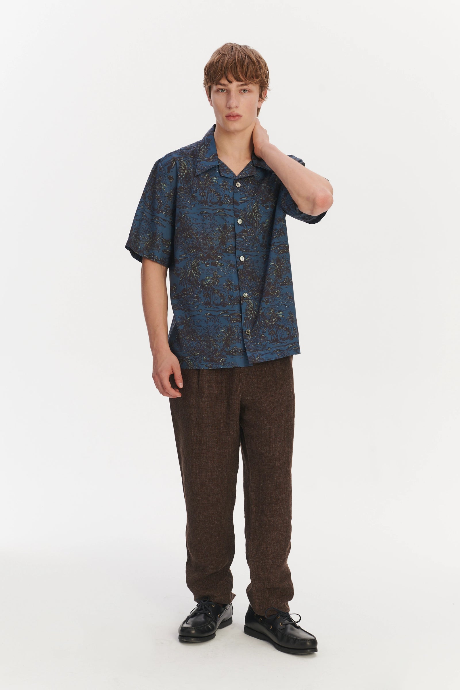 Short Sleeve Cuban Collar Shirt in a Blue Printed Palm Design Italian Cotton and Lyocell