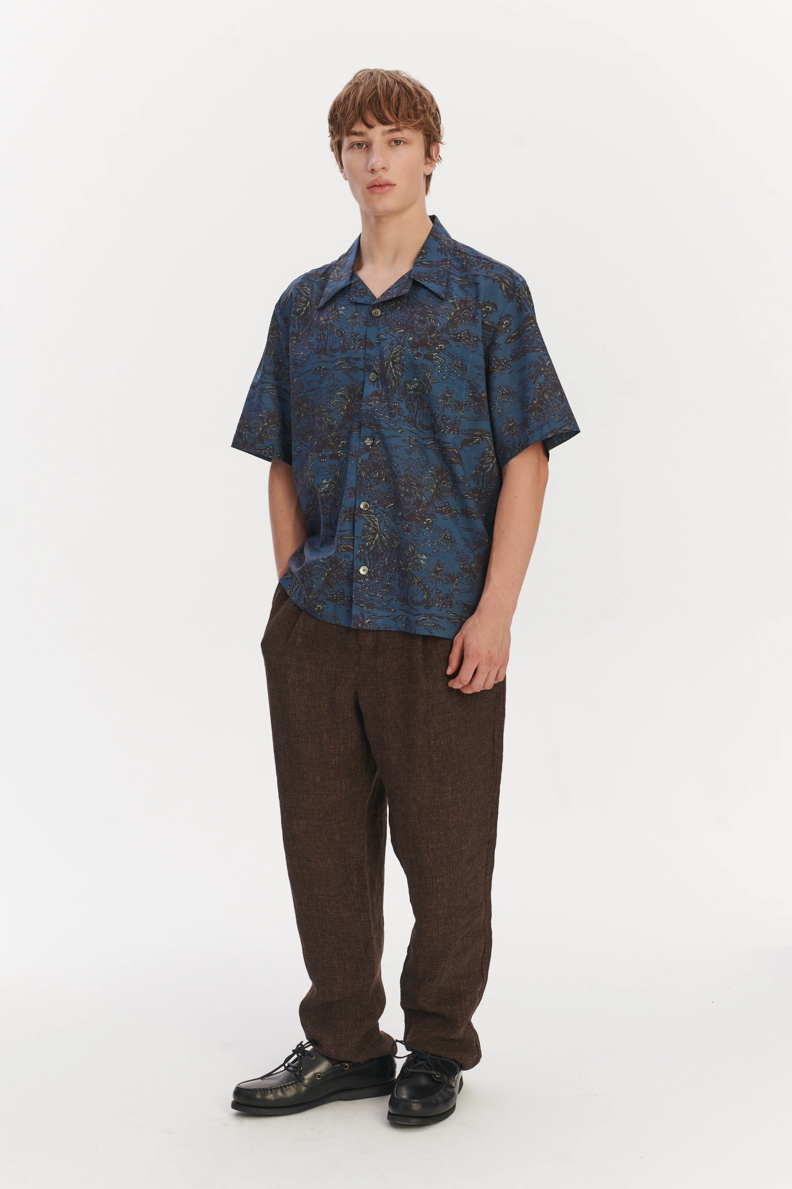 Short Sleeve Cuban Collar Shirt in a Blue Printed Palm Design Italian Cotton and Lyocell
