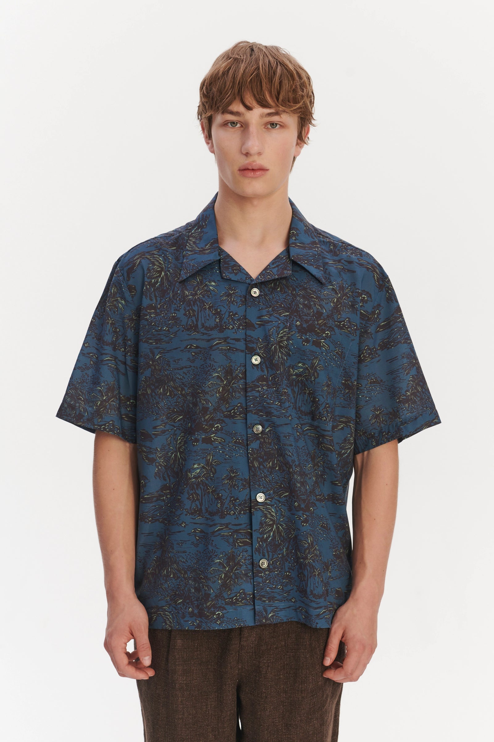 Short Sleeve Cuban Collar Shirt in a Blue Printed Palm Design Italian Cotton and Lyocell