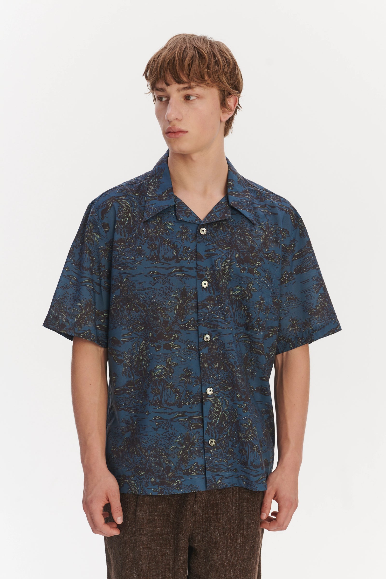 Short Sleeve Cuban Collar Shirt in a Blue Printed Palm Design Italian Cotton and Lyocell