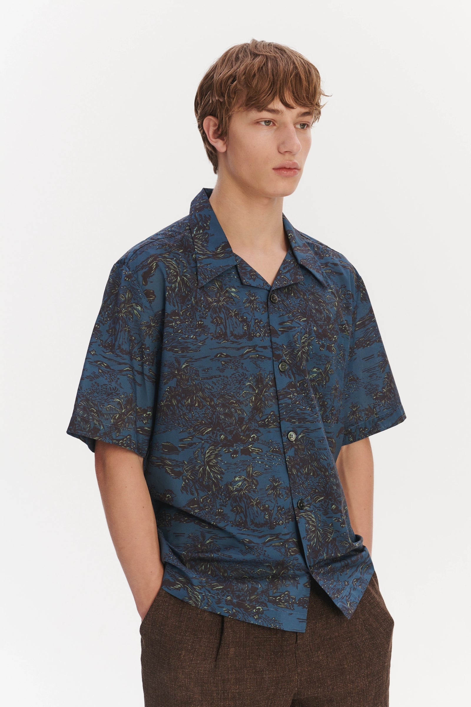 Short Sleeve Cuban Collar Shirt in a Blue Printed Palm Design Italian Cotton and Lyocell
