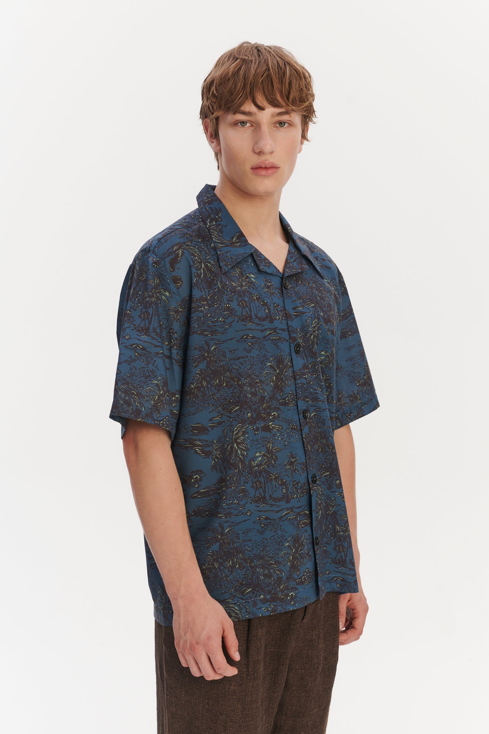 Short Sleeve Cuban Collar Shirt in a Blue Printed Palm Design Italian Cotton and Lyocell