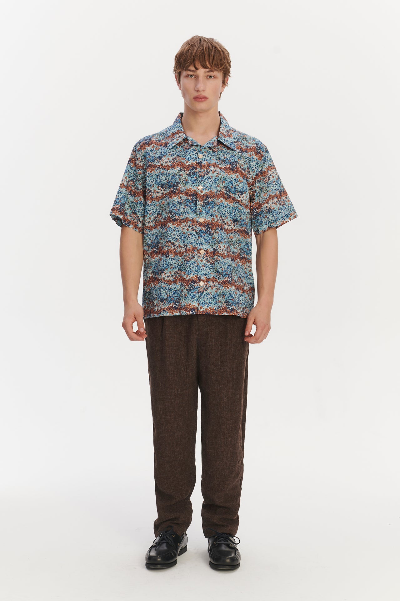 Short Sleeve Cuban Collar Shirt in a Fantasy Sea Blue, Amber,Light Green and White Printed Italian Cotton